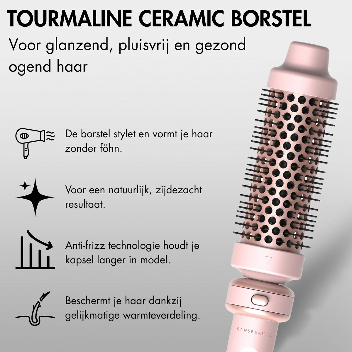 Een roze haarstylingborstel met zwarte borstelharen. Tekst beschrijft de borstel voor glanzend, pluisvrij en gezond uitziend haar.