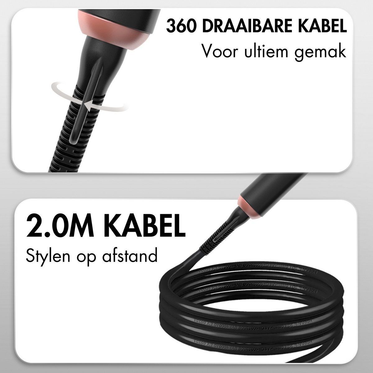 Afbeelding toont een krultang met een 360 graden draaiende kabel en een 2,0 m kabel om te stylen, met tekst in het Nederlands.