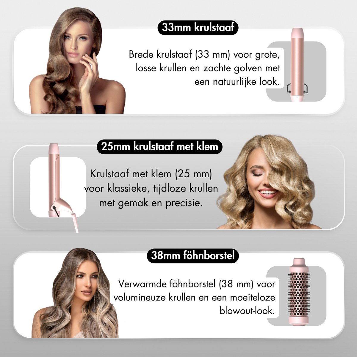 Afbeelding toont drie haarstyling tools met beschrijvingen. Elke tool wordt gepresenteerd met een foto van een vrouw met gestyled haar. Tools: krultang en borstel.