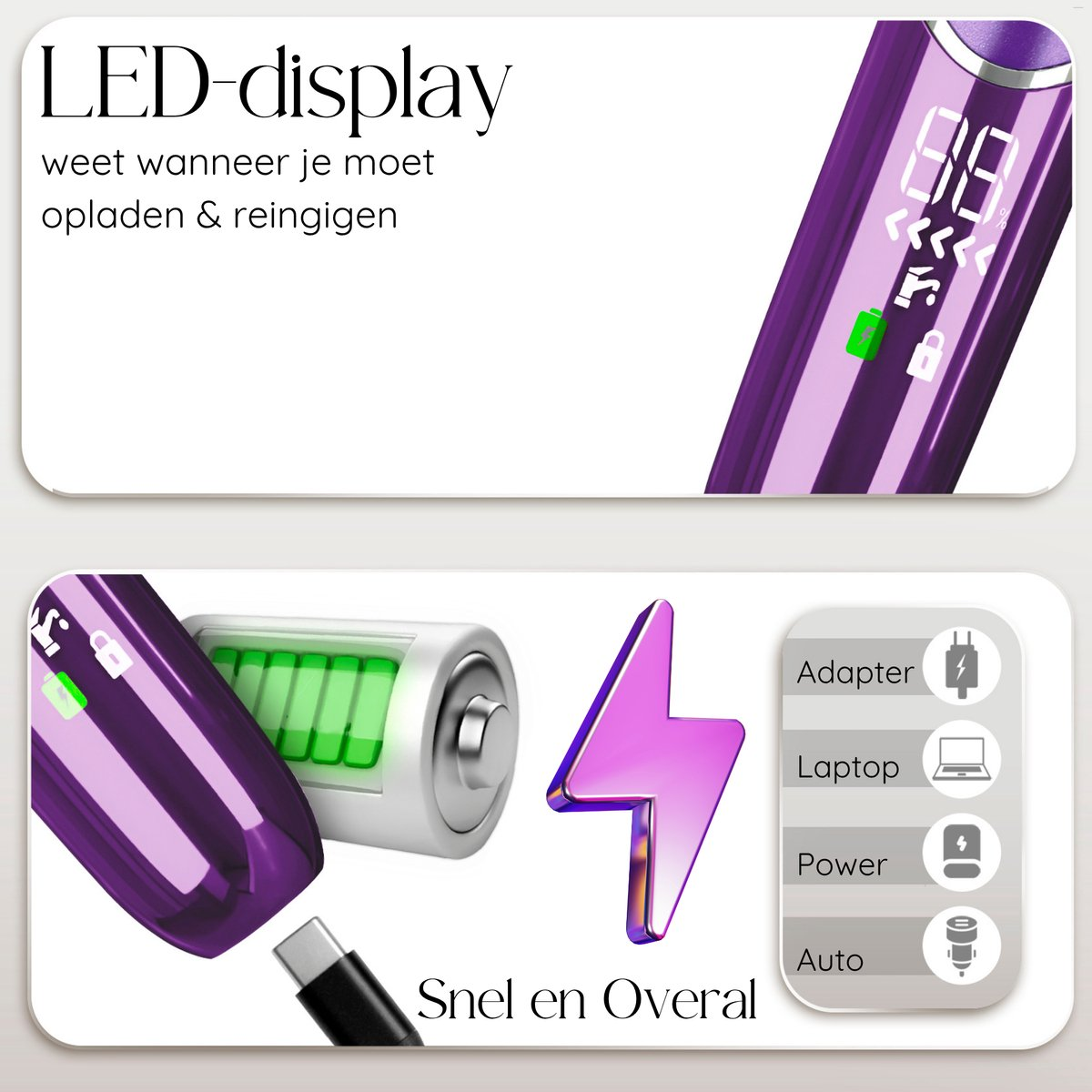 Un dispositivo viola con display a LED, batteria, icona di ricarica, fulmine, adattatore, laptop e icone di alimentazione.