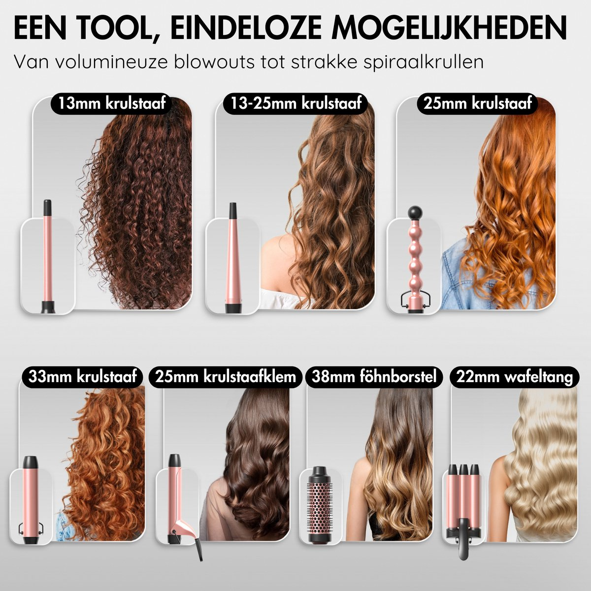 Een advertentie toont verschillende krultangen met voorbeelden van krullen: strakke spiralen, losse golven en volumineuze stijlen. Verschillende haarstyling tools worden getoond.