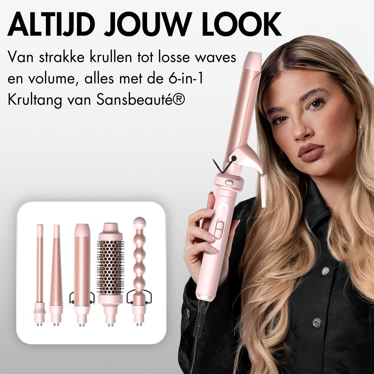 Vrouw houdt een roze krultang vast. Tekst zegt 'Altijd jouw look'. De set bevat verschillende opzetstukken om het haar te stylen.