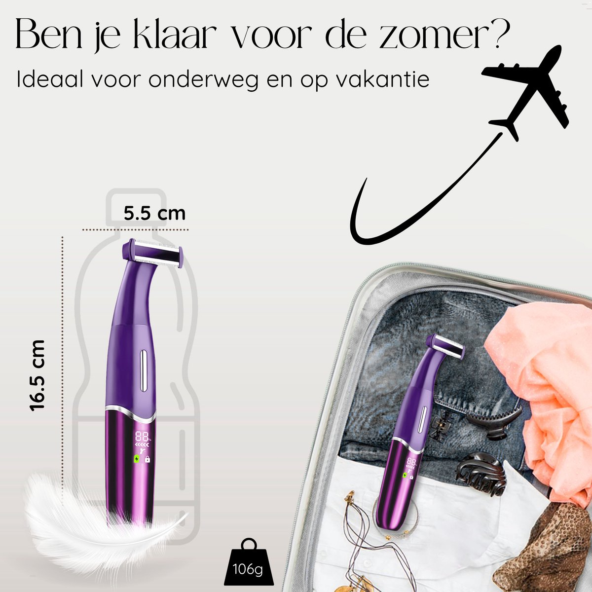 L'immagine mostra un rasoio elettrico viola con dimensioni, una valigia con vestiti e un'icona di aereo, che promuove viaggi estivi.