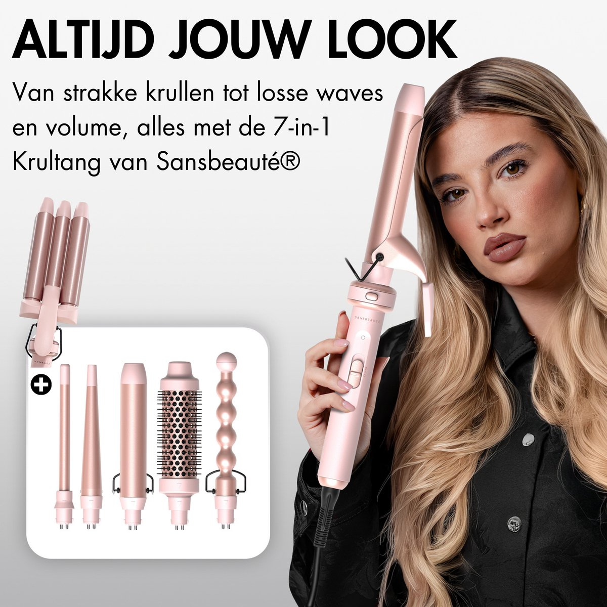 Een vrouw houdt een roze krultang vast. Accessoires voor verschillende krulstijlen worden getoond. Tekst zegt: 'ALTIJD JOUW LOOK'.