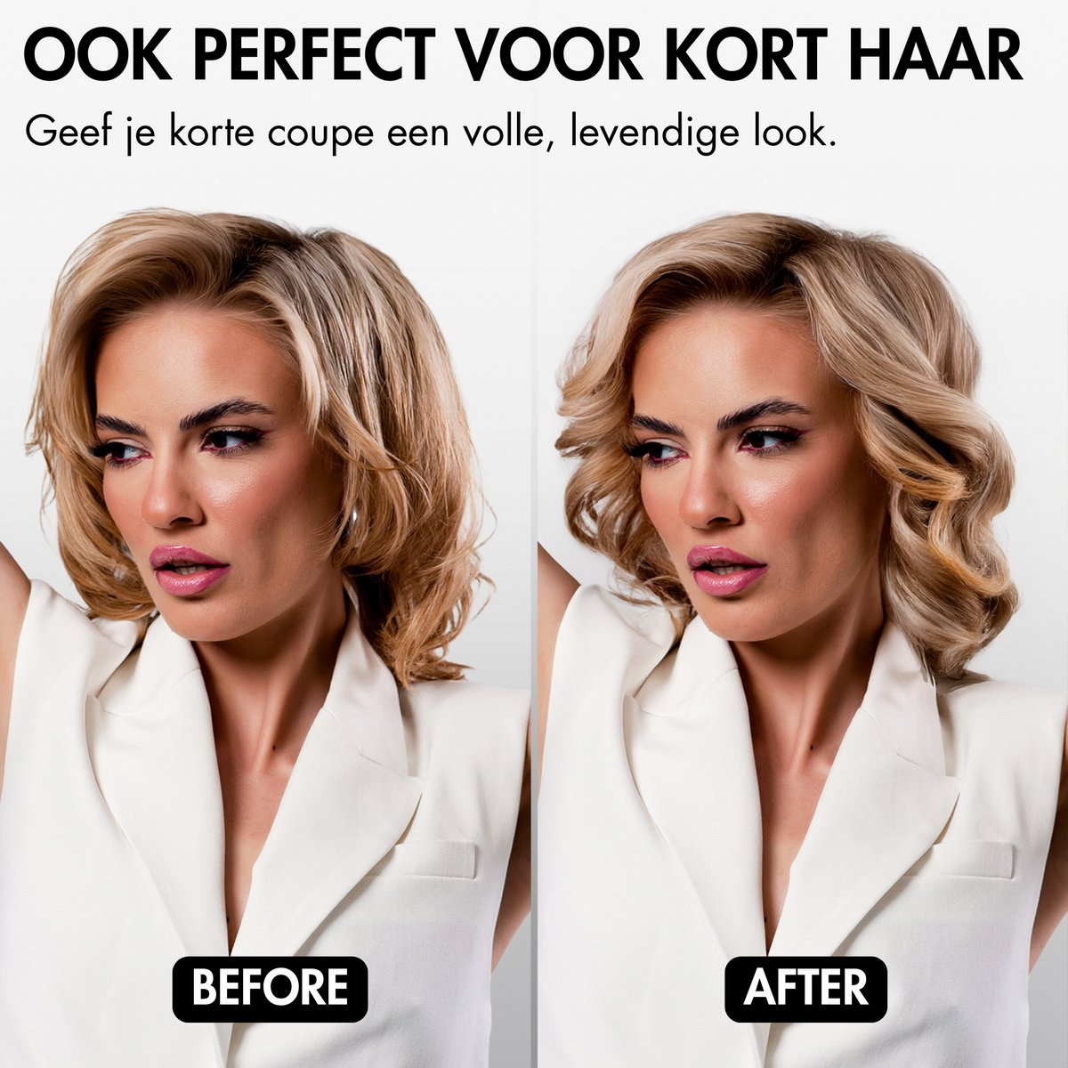 Afbeelding toont voor en na haar van een vrouw. Voor: dof. Na: volumineuze krullen. Ze draagt een wit vest. Tekst: Perfect voor kort haar.