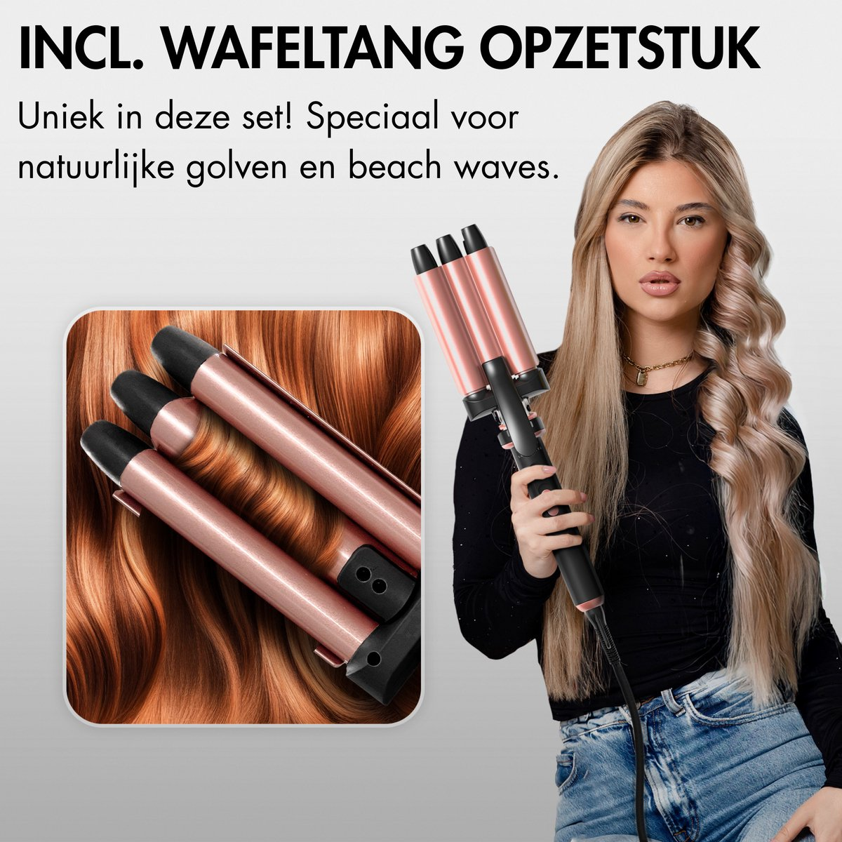 Een vrouw houdt een haargolf. De afbeelding toont een tool voor het creëren van strandgolven, met een voorbeeld van golvend haar en tekst in het Nederlands.