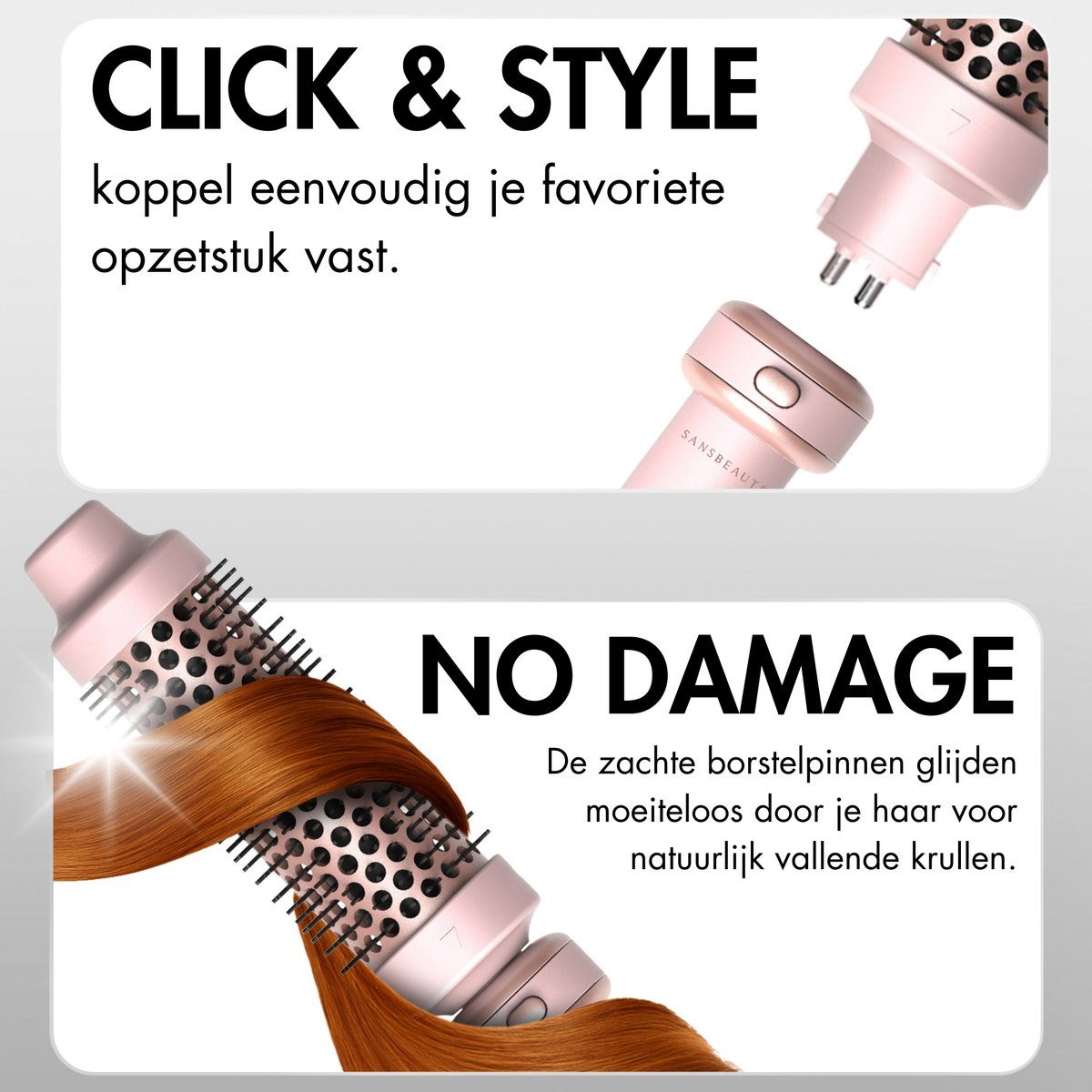 Roze haarstylingtool met tekst "CLICK & STYLE" en "NO DAMAGE". De tool wordt getoond met haar en tekst over zachte styling.