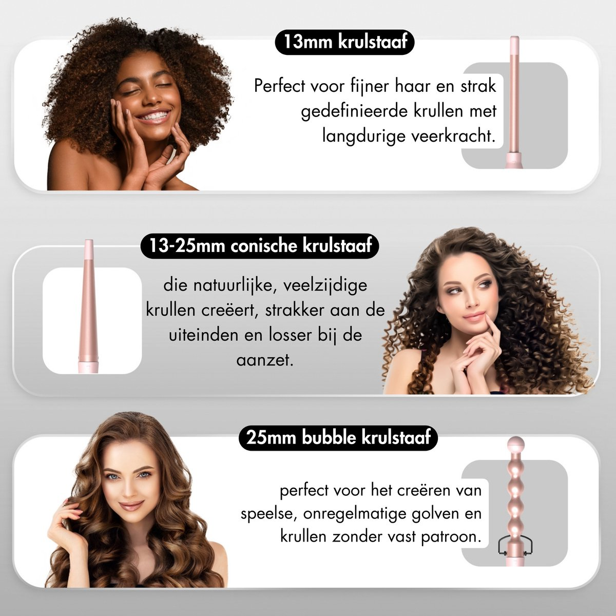 Afbeelding toont drie vrouwen met verschillende kapsels naast beschrijvingen van krultangen: 13 mm, 13-25 mm en 25 mm bubble.