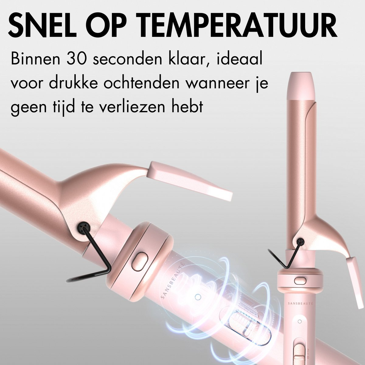 Twee roze krultangen. Tekst: Snel op temperatuur, klaar in 30 seconden. Ideaal voor drukke ochtenden als je geen tijd te verliezen hebt.