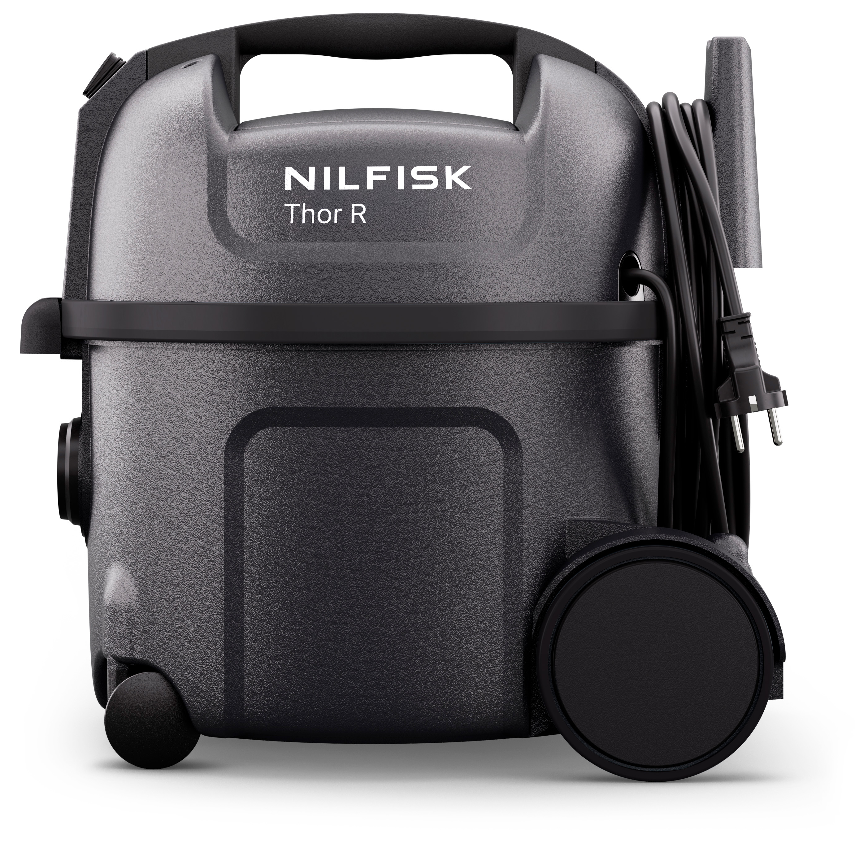 Een donkergrijze Nilfisk Thor R stofzuiger. Hij heeft wielen, een handvat en een opgerold netsnoer.