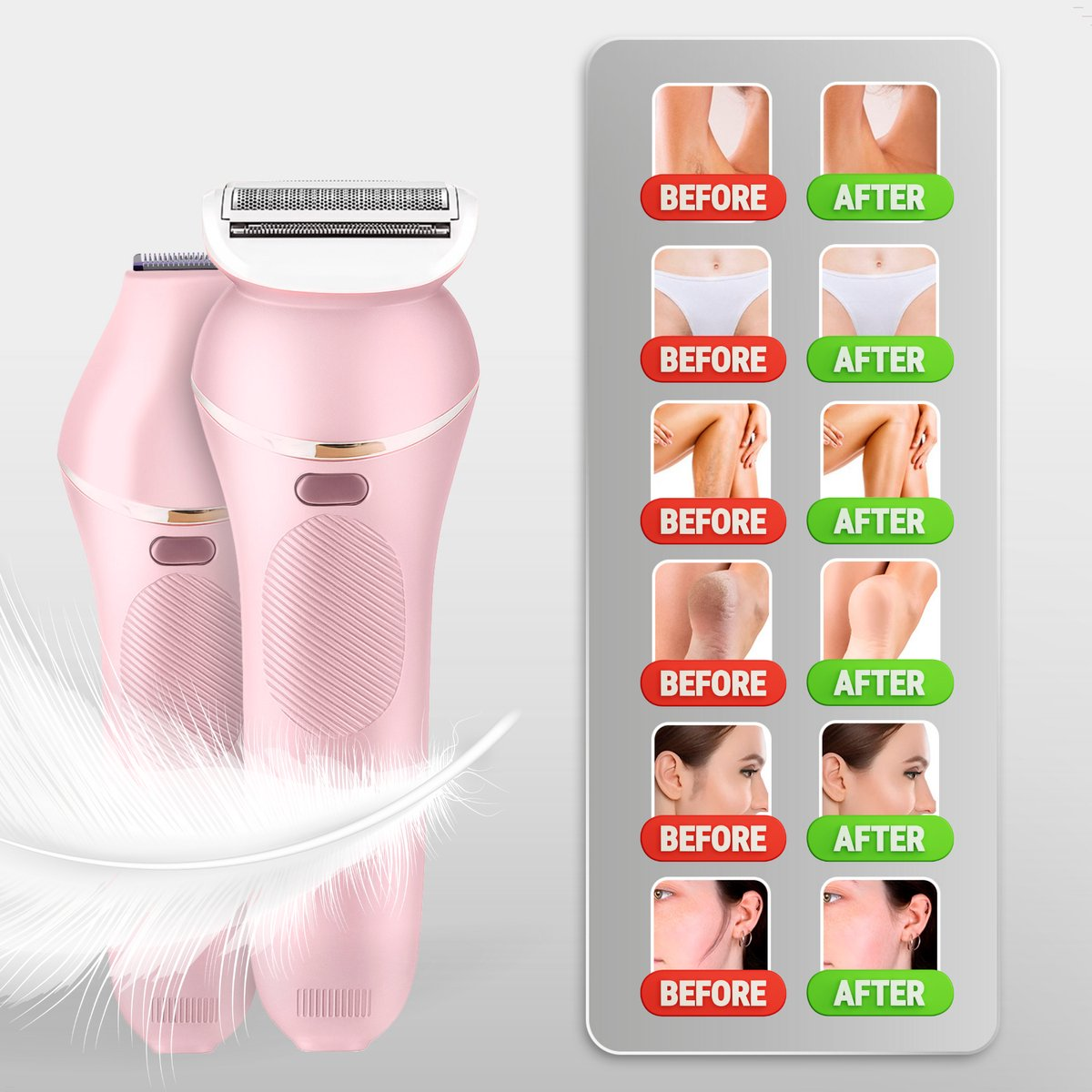 Afeitadora eléctrica rosa con pluma. Panel de comparación muestra antes/después de la depilación en diferentes partes del cuerpo.