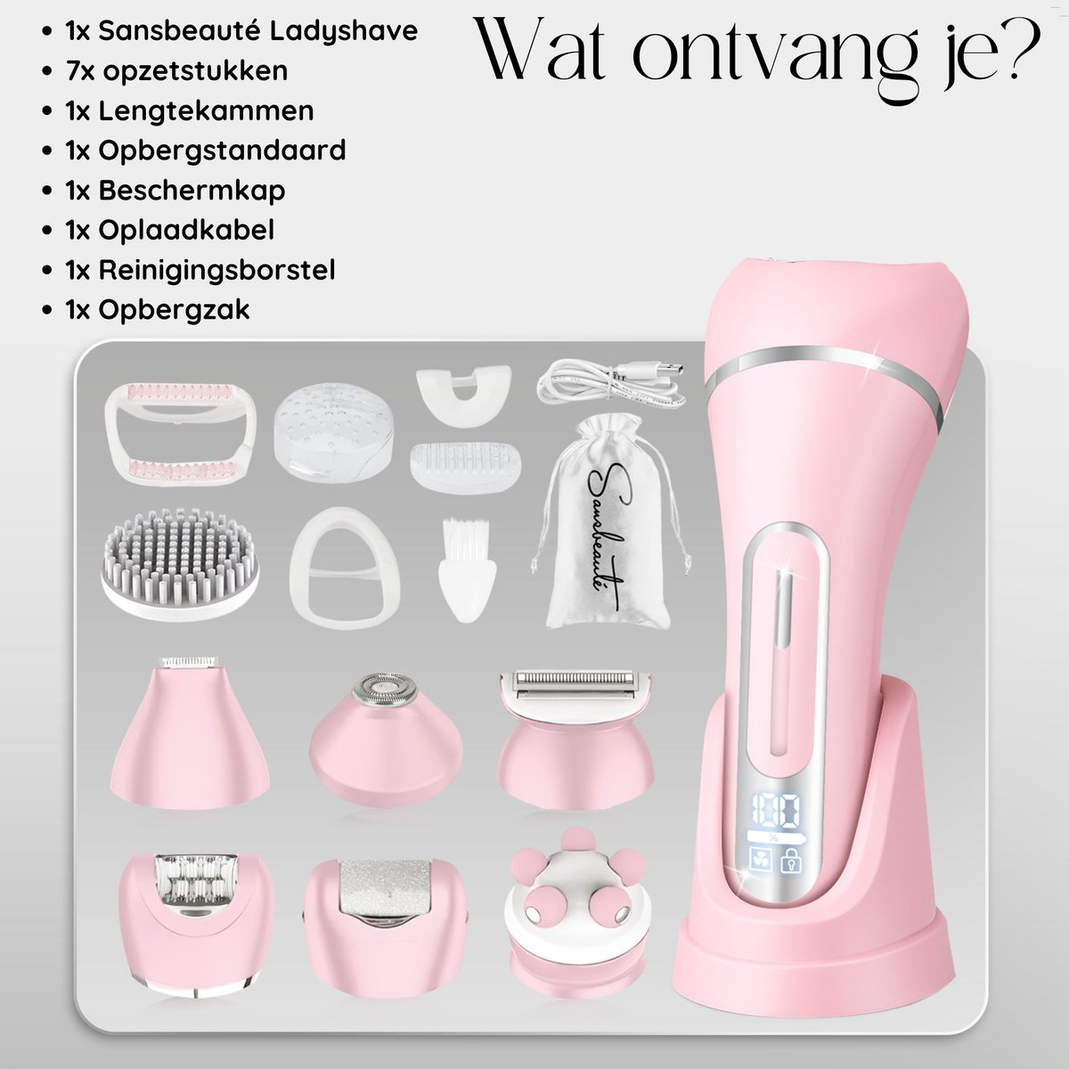 Una afeitadora Sansbeauté rosa con varios accesorios, cable de carga y complementos. Texto holandés enumera los artículos incluidos.