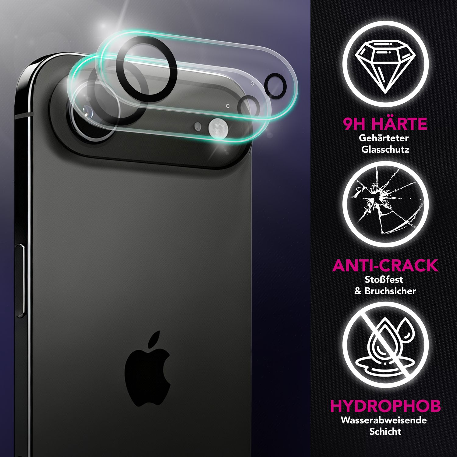 Un iPhone noir avec un protecteur d'écran sur les lentilles de la caméra. Le texte souligne dureté, anti-fissure et hydrophobie.