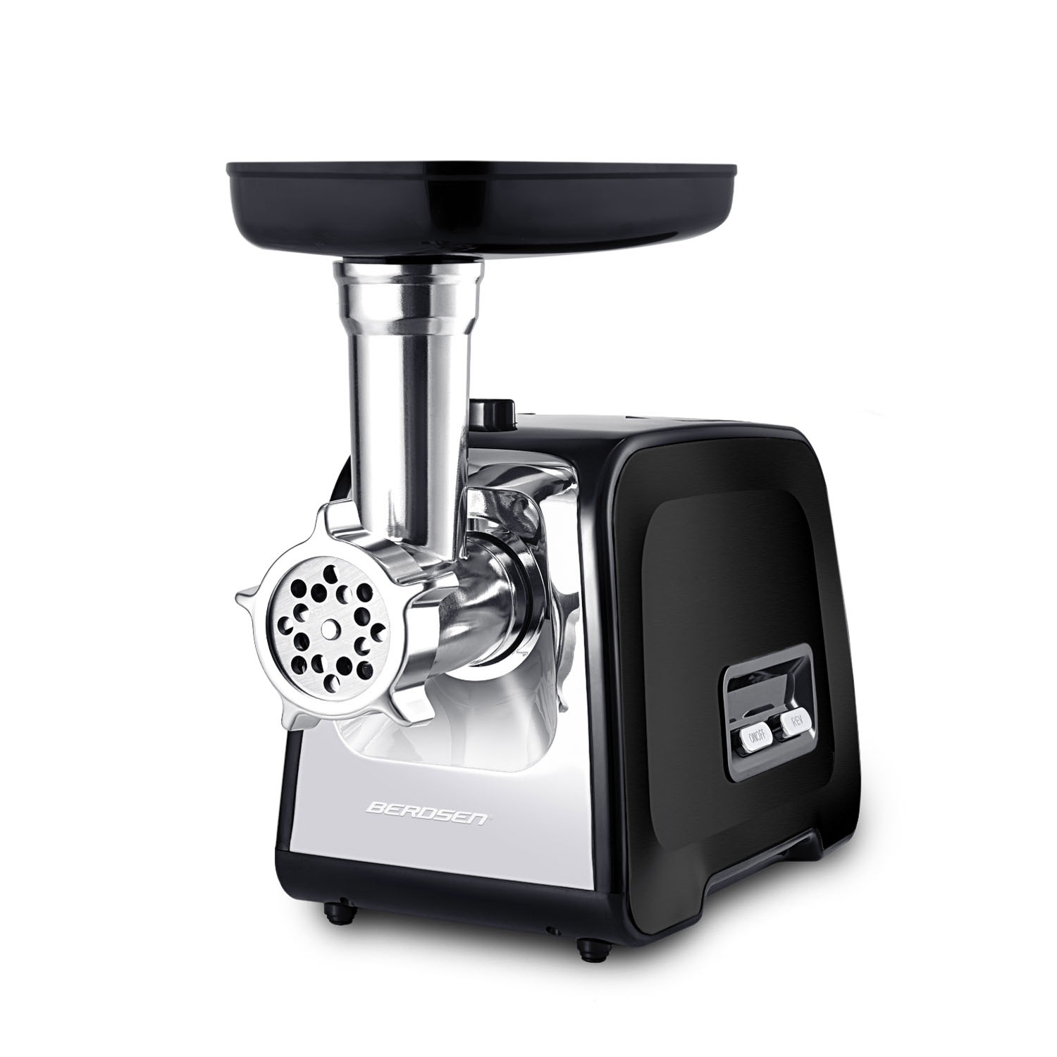 Czarna i srebrna maszynka do mięsa. Ma czarną górną tacę, błyszczącą metalową głowicę mielącą i czarną podstawę z przyciskami.
