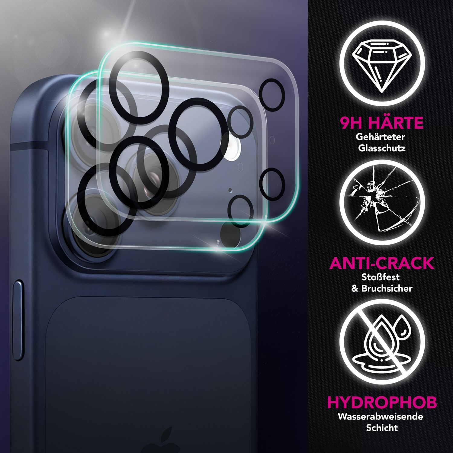 Un téléphone avec protecteur d'écran. Caractéristiques: dureté 9H, anti-fissure et revêtement hydrophobe. Téléphone bleu foncé.