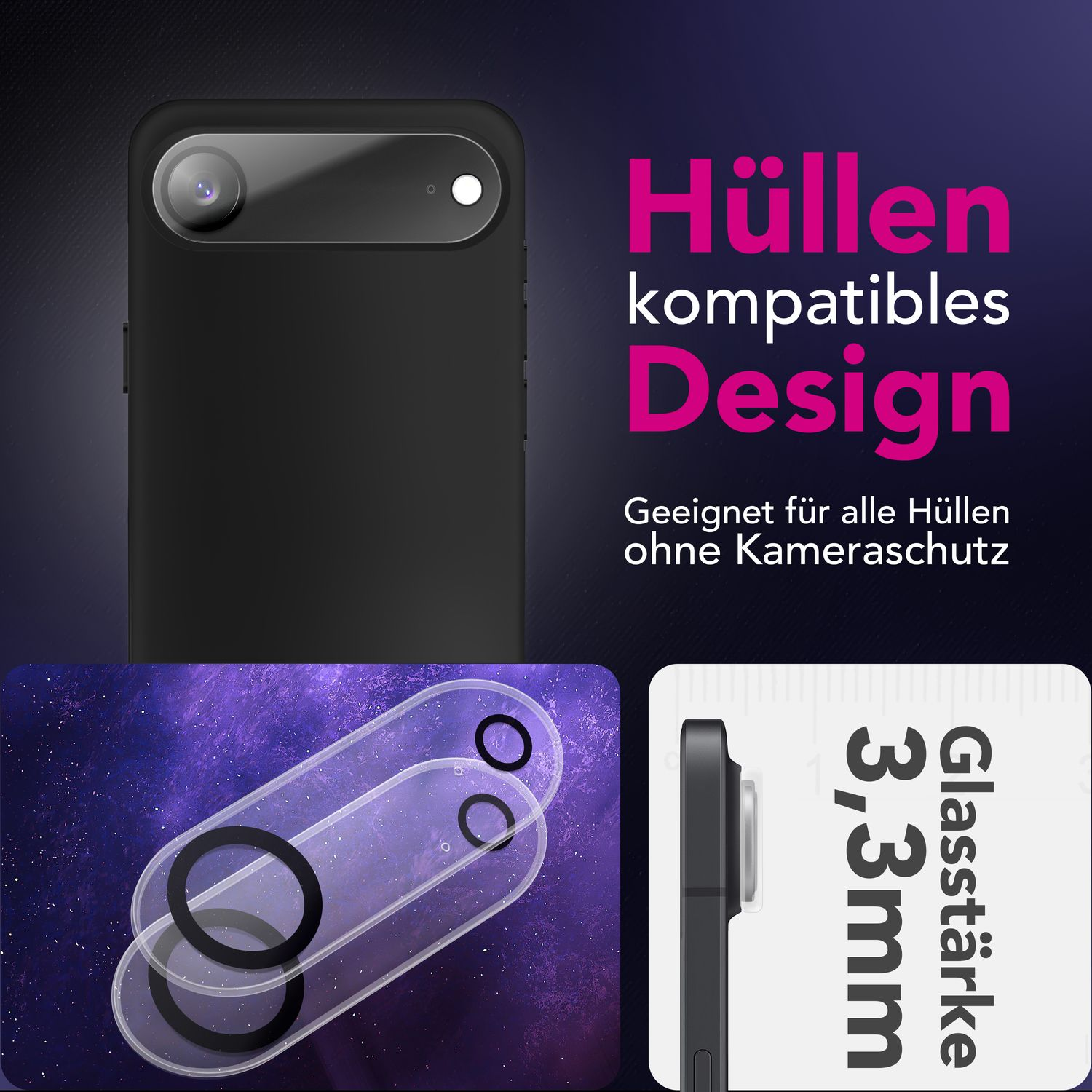 Coque de téléphone noire avec découpe caméra. Protecteurs d'écran transparents superposés. Texte : 'Hüllen kompatibles Design'. Fond dégradé violet.
