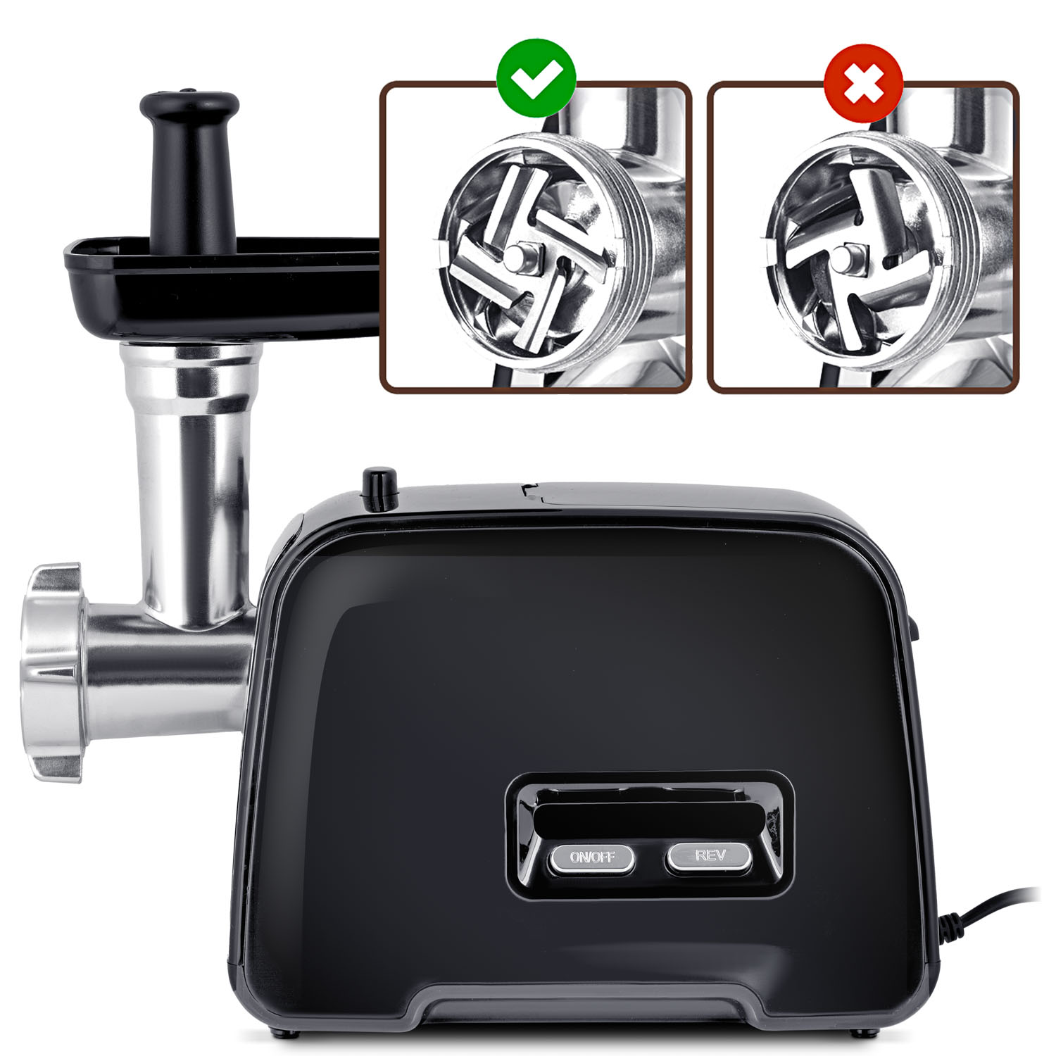 Czarno-srebrna maszynka do mięsa. Zawiera dwa zbliżenia pokazujące orientację ostrza. Przyciski mówią ON/OFF i REV.