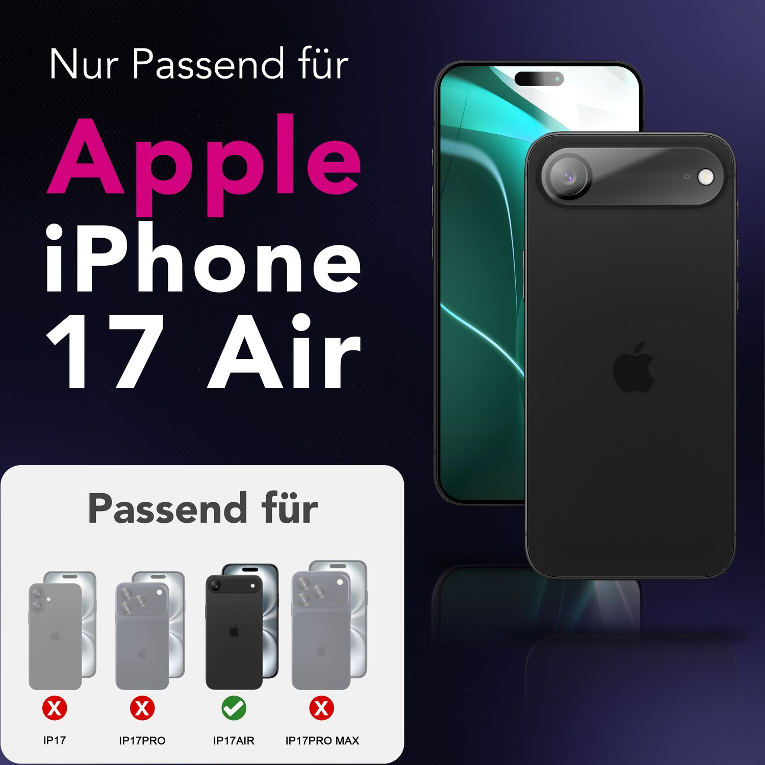 L'image montre l'Apple iPhone 17 Air avec étui. Le texte indique qu'il ne convient qu'à ce modèle. D'autres modèles ont un X rouge. L'étui de l'iPhone est noir.