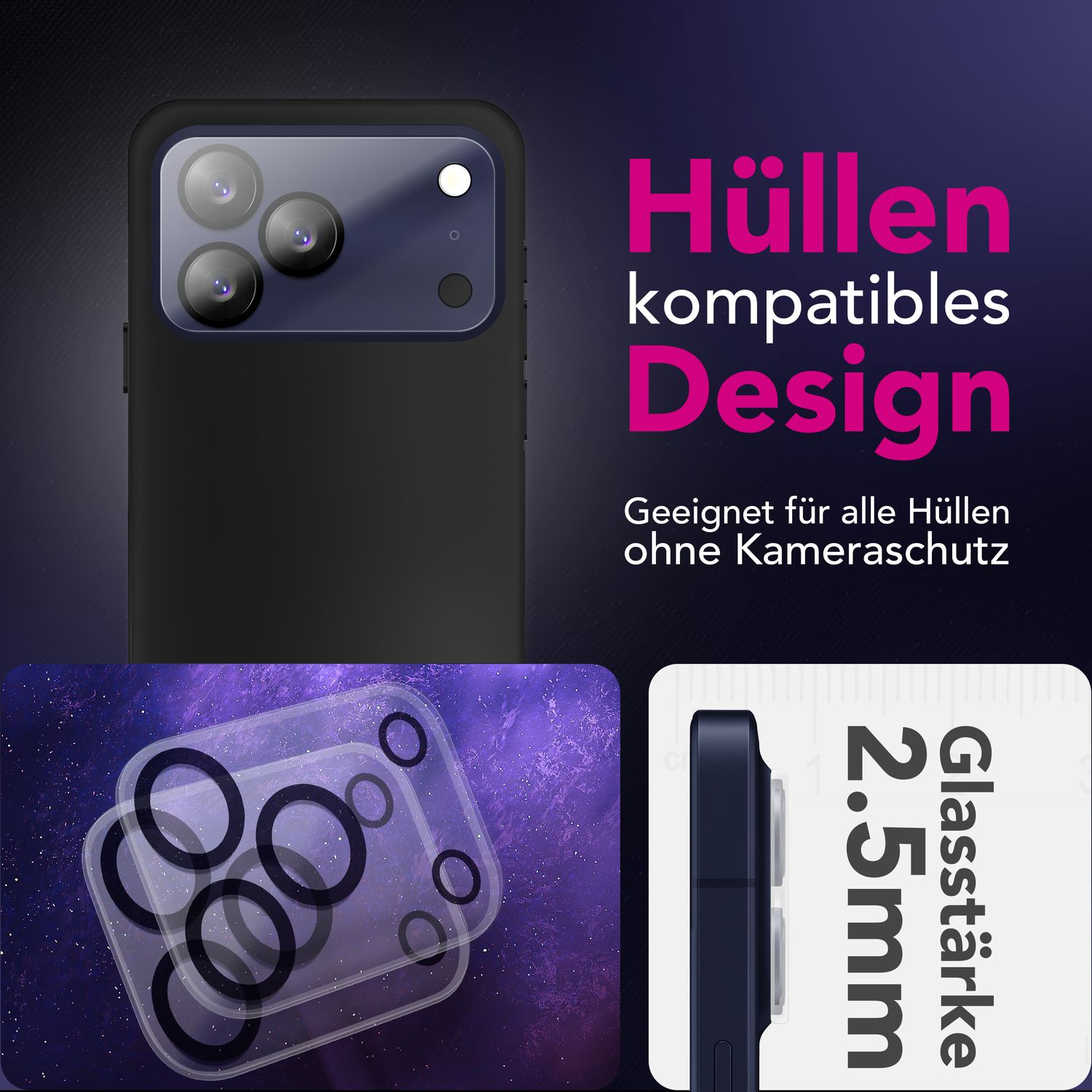 Une coque de téléphone et un protecteur d'écran sont affichés. Le texte indique 'Hüllen kompatibles Design'. Le fond est un dégradé violet.