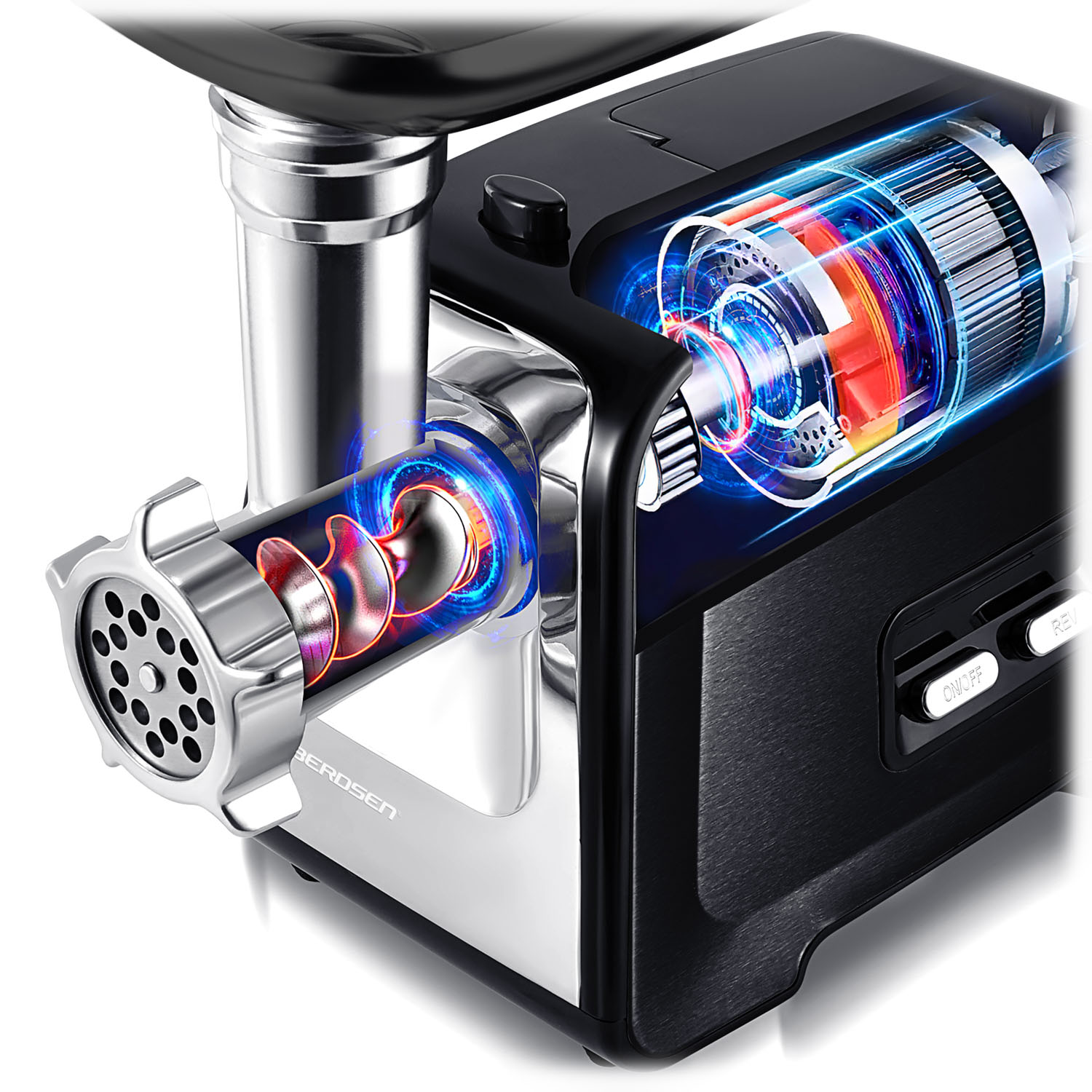 Maszynka do mięsa pokazuje elementy wewnętrzne. Urządzenie jest czarne i srebrne. Animowane linie pokazują proces mielenia.