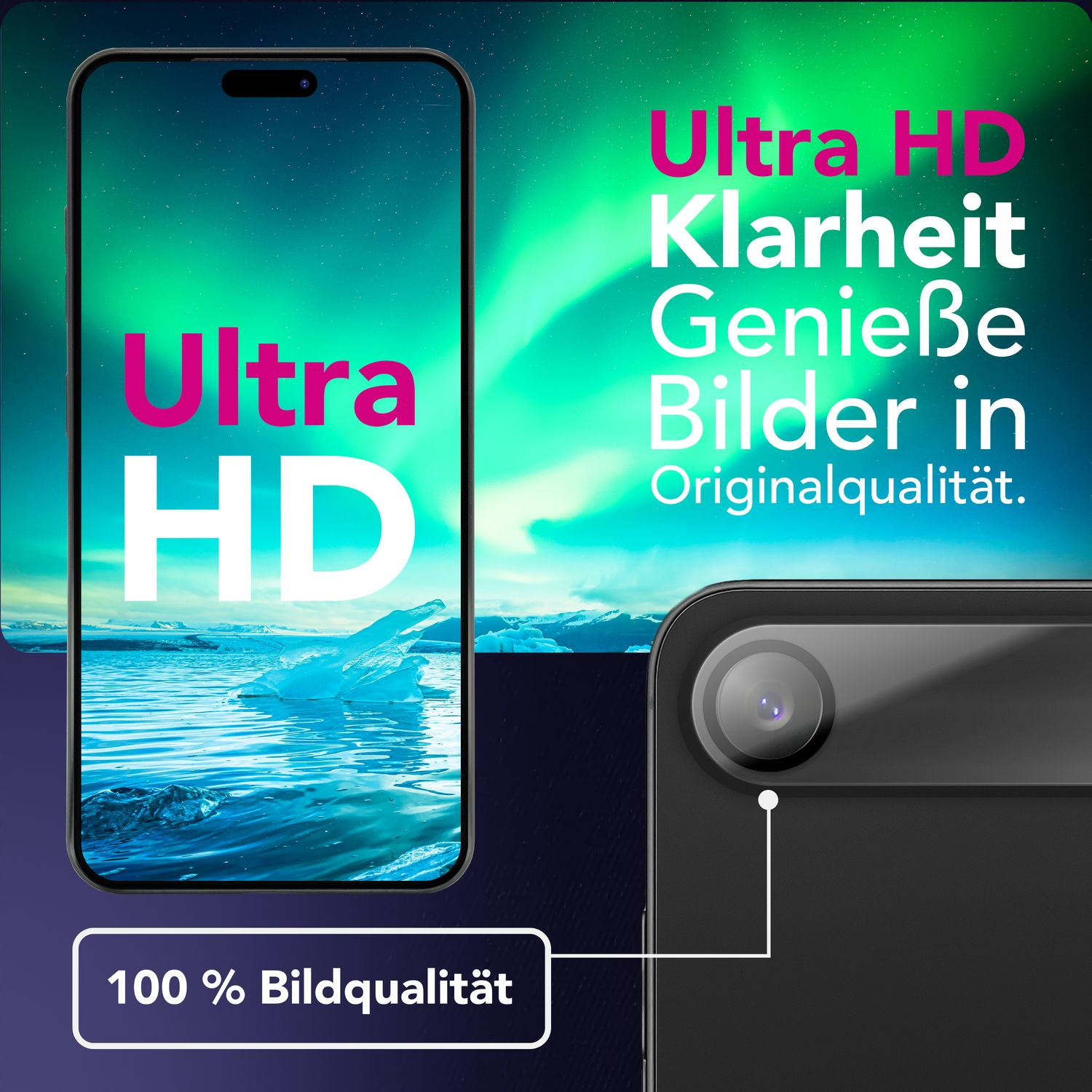 Un smartphone affiche une aurore boréale. Le texte promeut la clarté Ultra HD et la qualité d'image à 100 %.