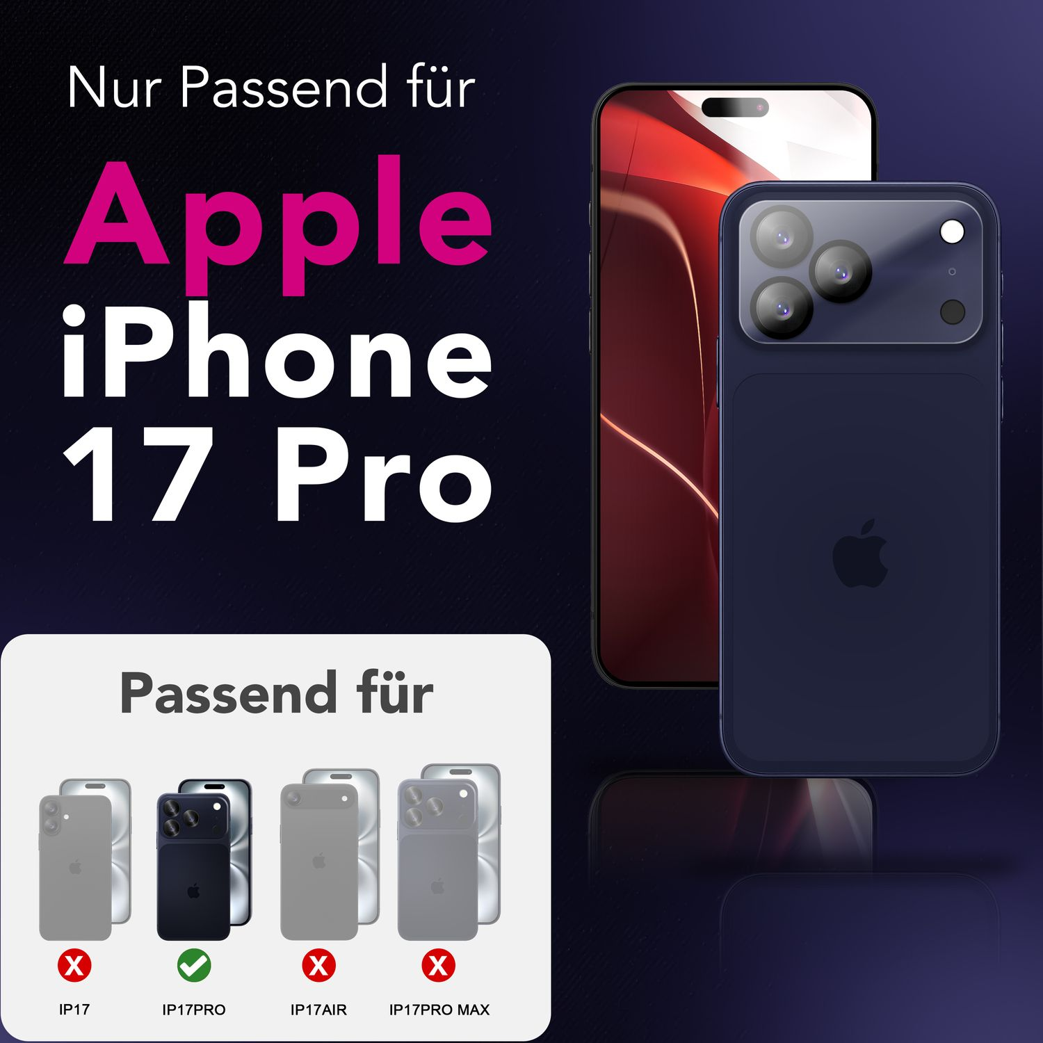 Une publicité pour l'iPhone 17 Pro. Elle montre une coque de téléphone bleu foncé et un téléphone, avec le texte 'Apple iPhone 17 Pro'.