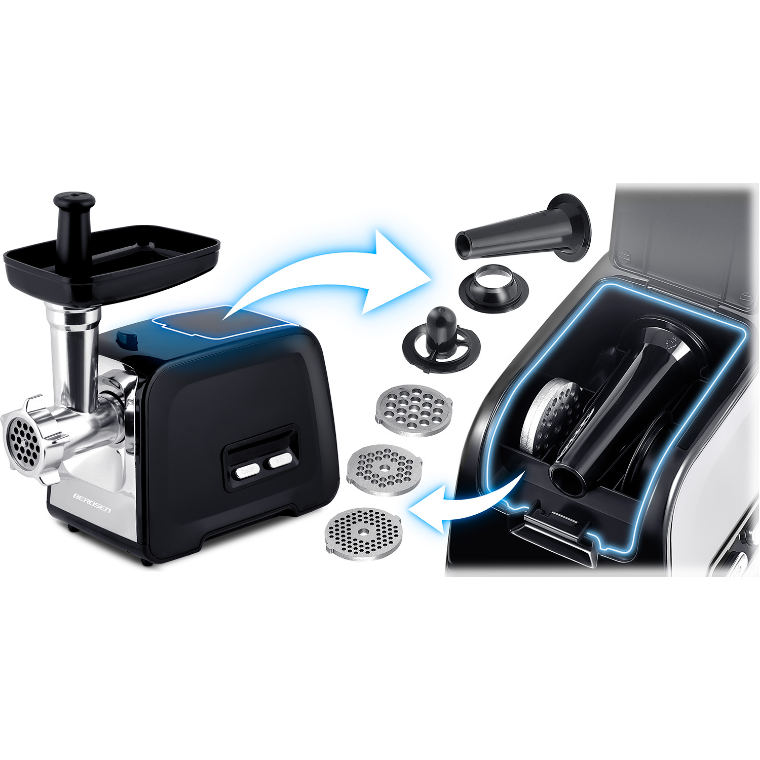 Czarno-srebrna maszynka do mięsa z akcesoriami. Zawiera płyty mielące, dysze i schowek. Strzałki wskazują montaż.