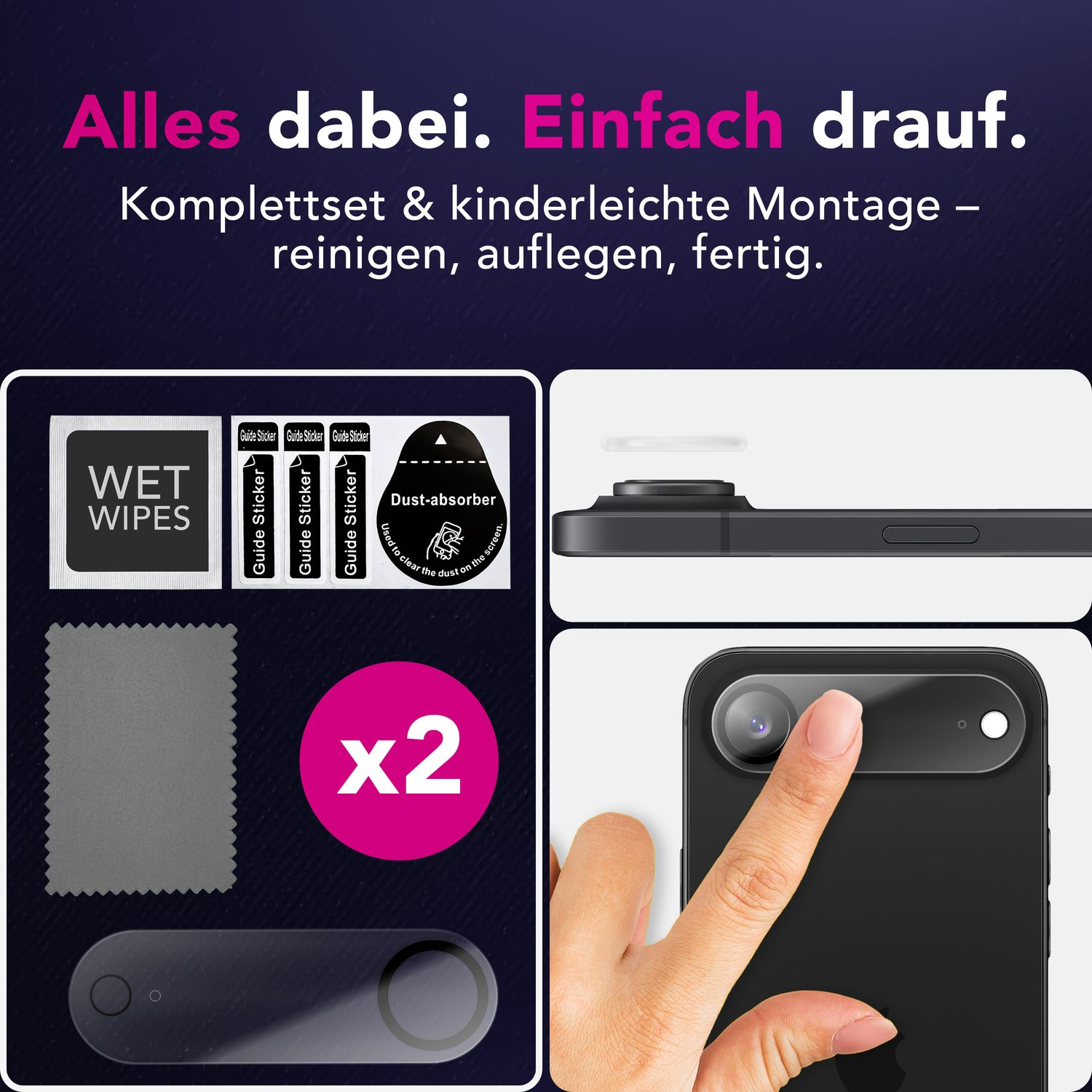 L'image montre un kit de protection d'écran. Comprend des lingettes, des autocollants guides, un absorbeur de poussière et un protecteur, avec démo.
