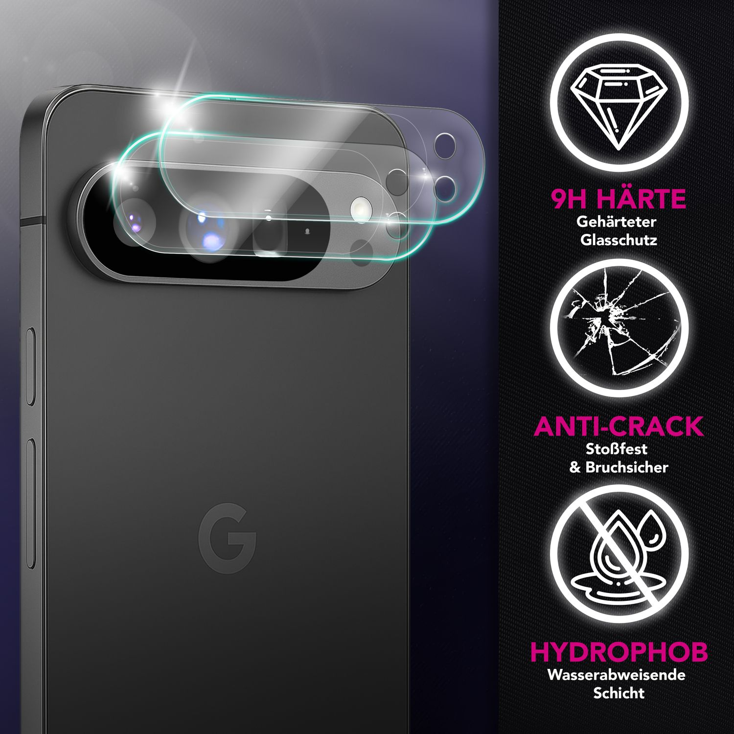 Un smartphone avec un protecteur d'écran. Icônes mettent en évidence les caractéristiques : dureté 9H, anti-fissure et revêtement hydrophobe.
