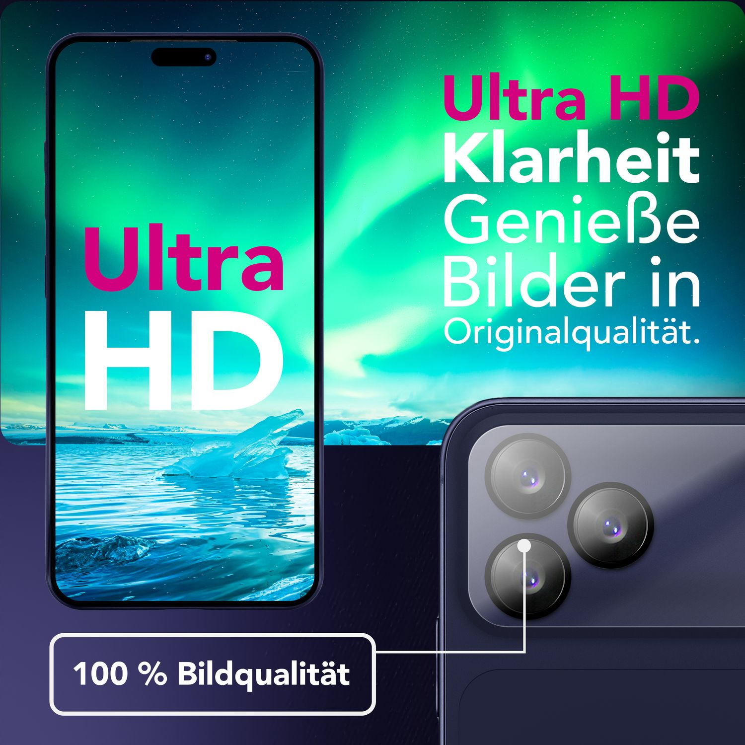 Un smartphone affiche une image Ultra HD. Texte : 'Ultra HD Klarheit'. Fond : aurore verte et bleue et icebergs.