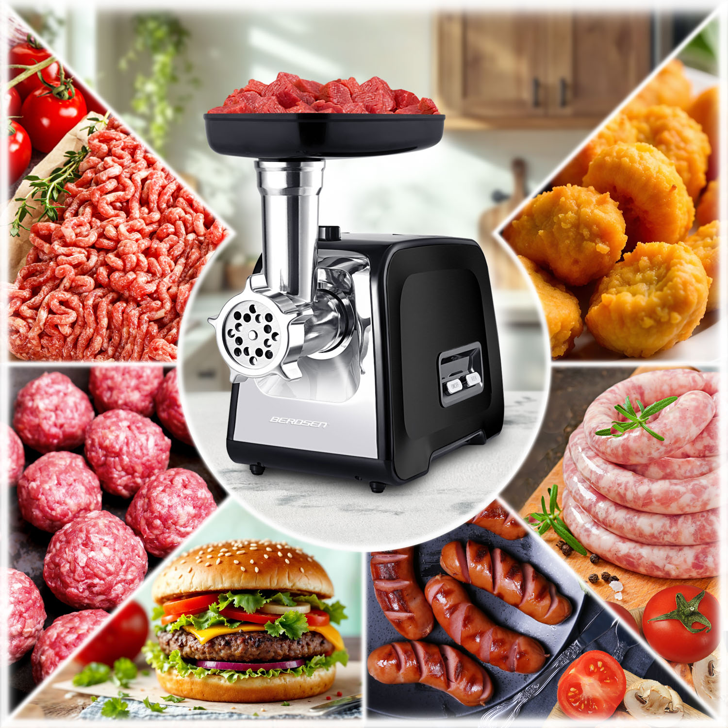 Maszynka do mięsa z różnymi produktami mięsnymi: mielona wołowina, klopsiki, burger, kiełbasa, nuggetsy z kurczaka i pomidory.