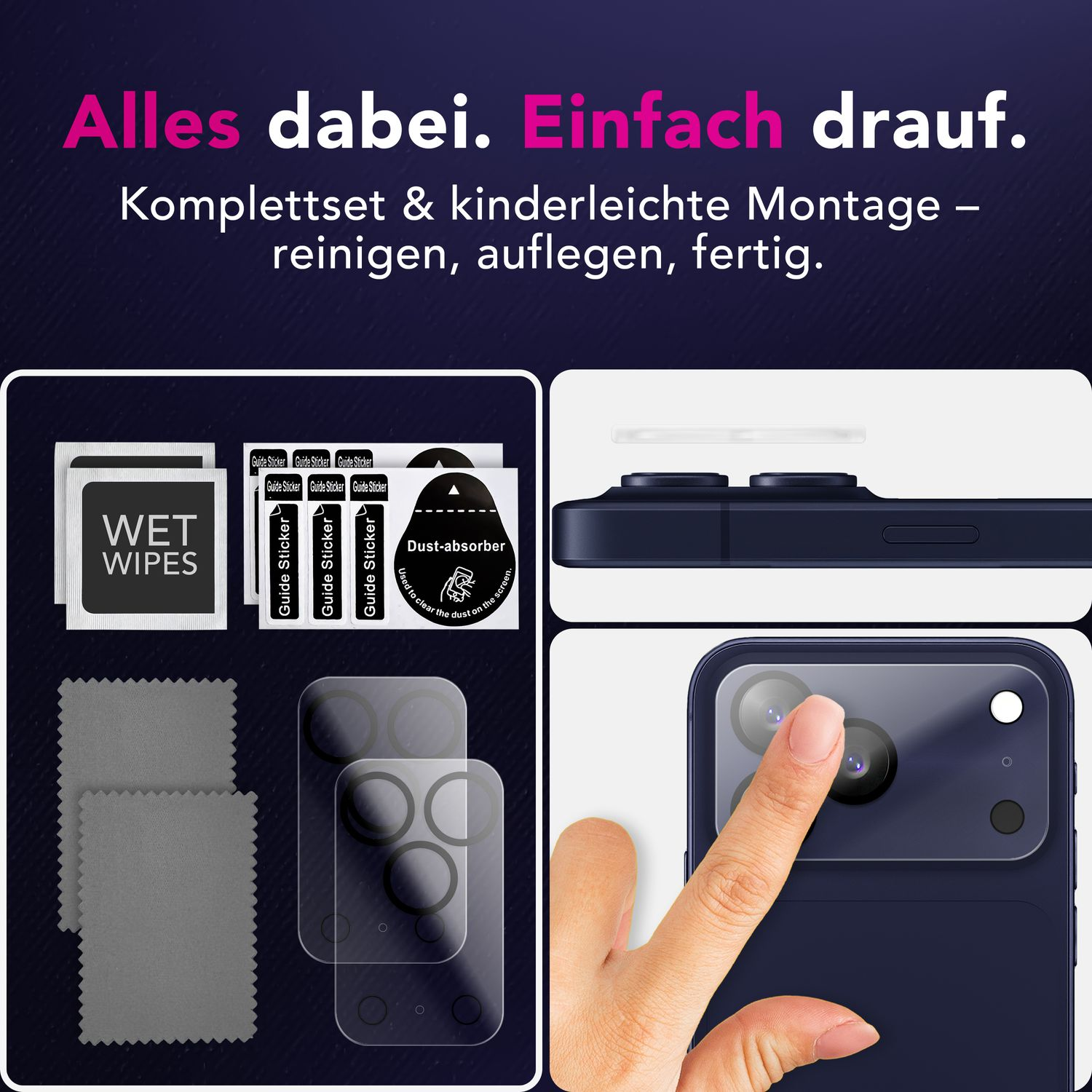 Un ensemble complet pour une protection facile de l'écran du téléphone. Comprend des lingettes, des autocollants de guidage, absorbeur de poussière, protecteur d'écran.
