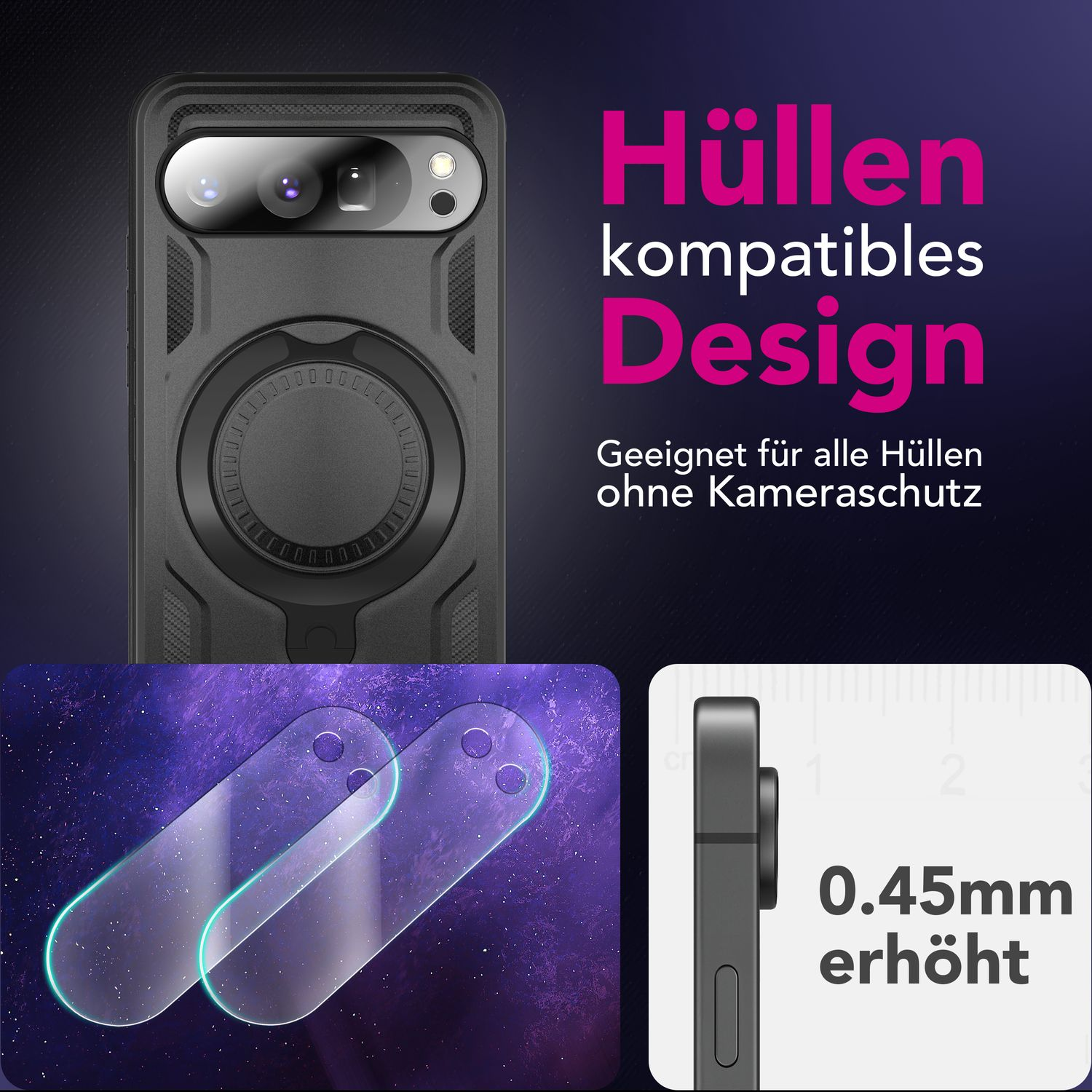 Coque de téléphone noire et protecteurs d'écran. Texte rose : Hüllen kompatibles Design, 0,45 mm erhöht. Fond violet et blanc.