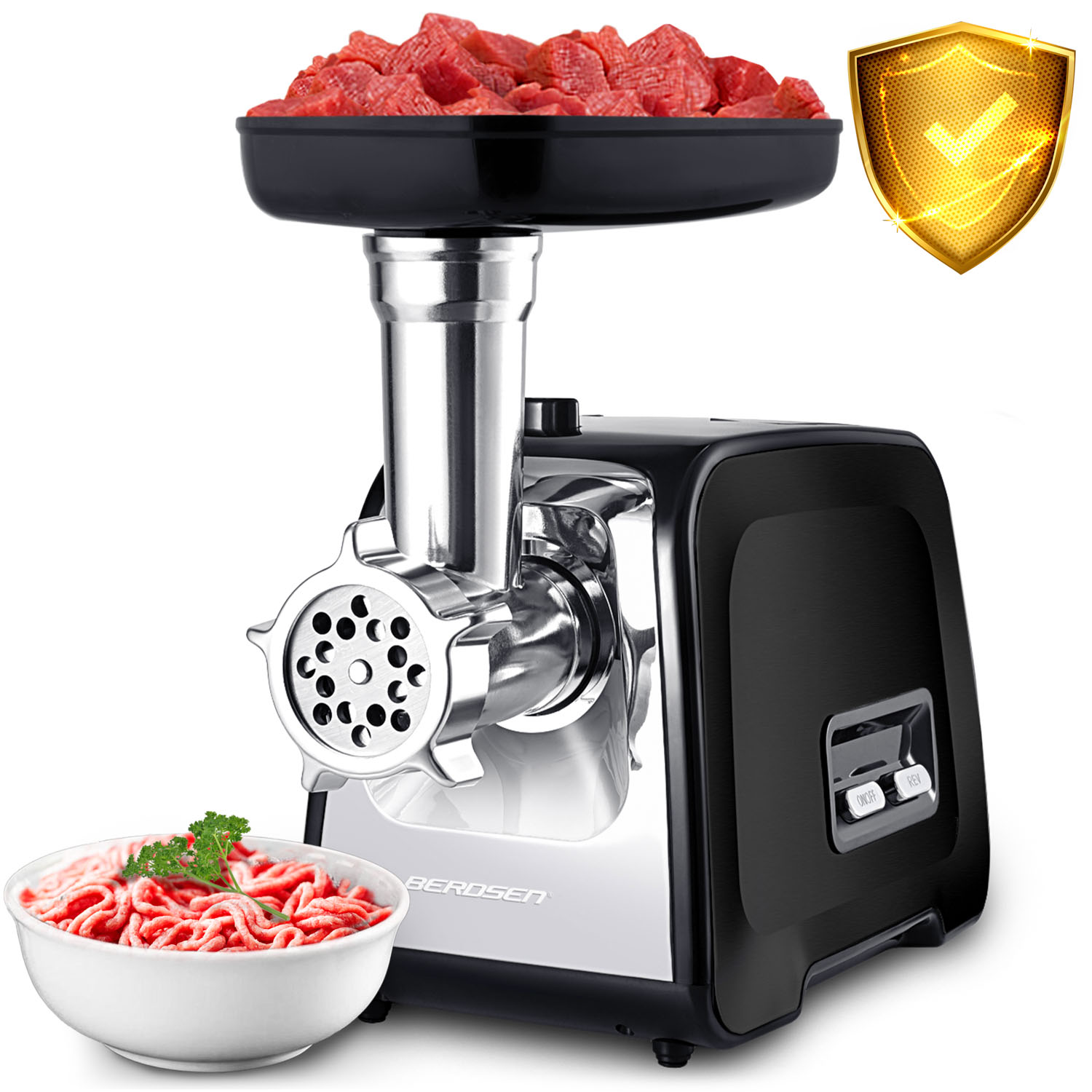 Maszynka do mięsa z miską mielonego mięsa i kawałkami surowego mięsa na wierzchu. Złota tarcza w prawym górnym rogu.