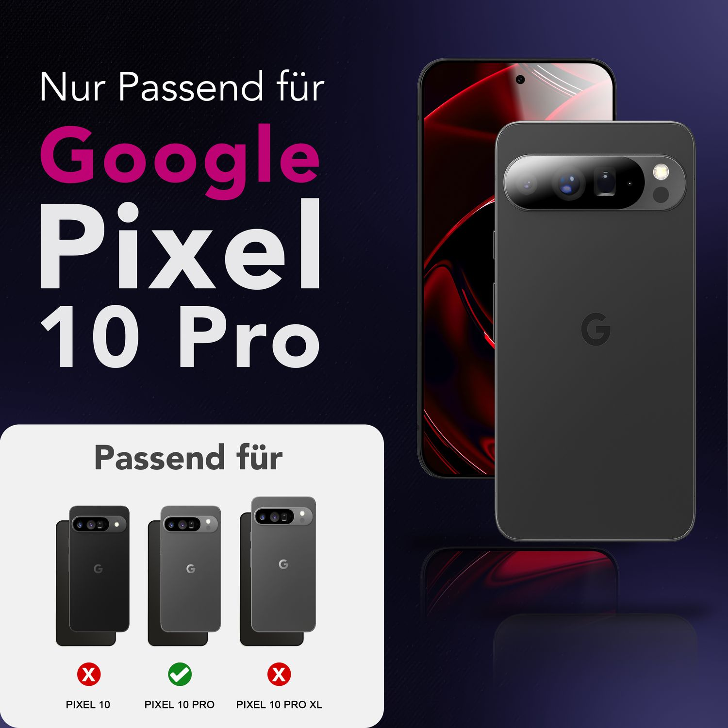 L'image montre un tél éphone Google Pixel 10 Pro avec un étui. Le texte indique la compatibilité. D'autres téléphones sont affichés, marqués comme incompatibles.