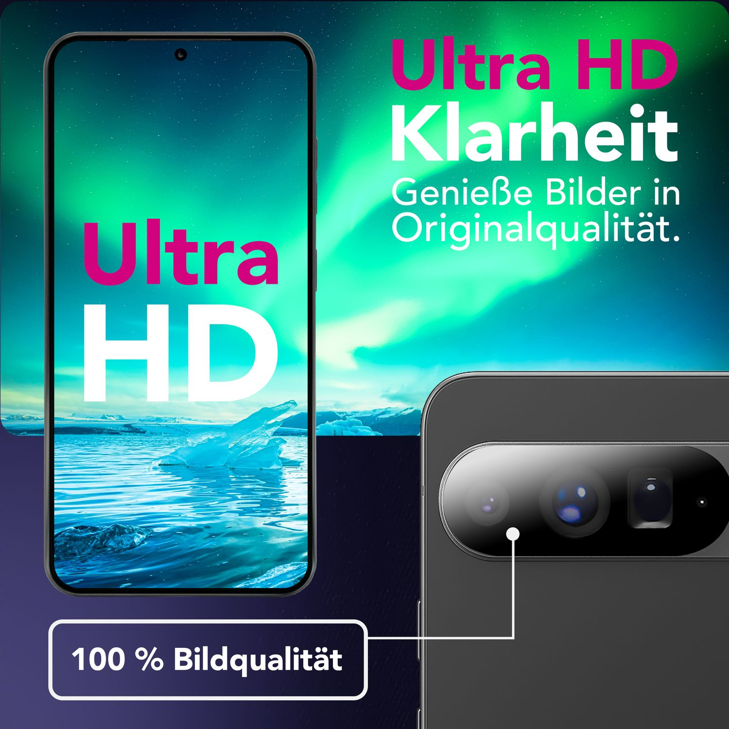 Écran de smartphone avec texte 'Ultra HD', montrant un paysage. L'appareil dispose d'une caméra et texte : 100% qualité.
