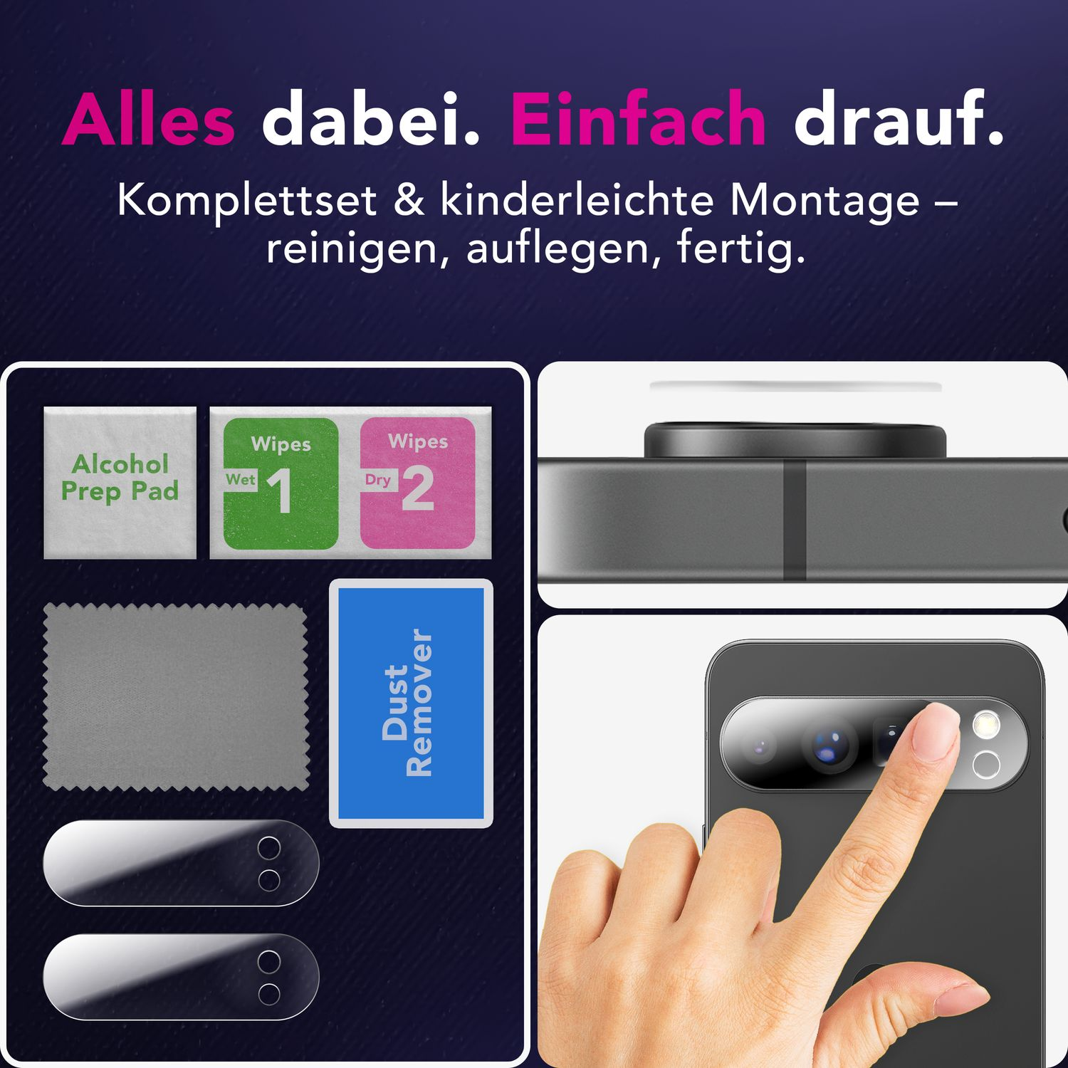 Un kit avec tampon imbibé d'alcool, lingettes, éliminateur de poussière et un téléphone avec une main touchant l'écran.