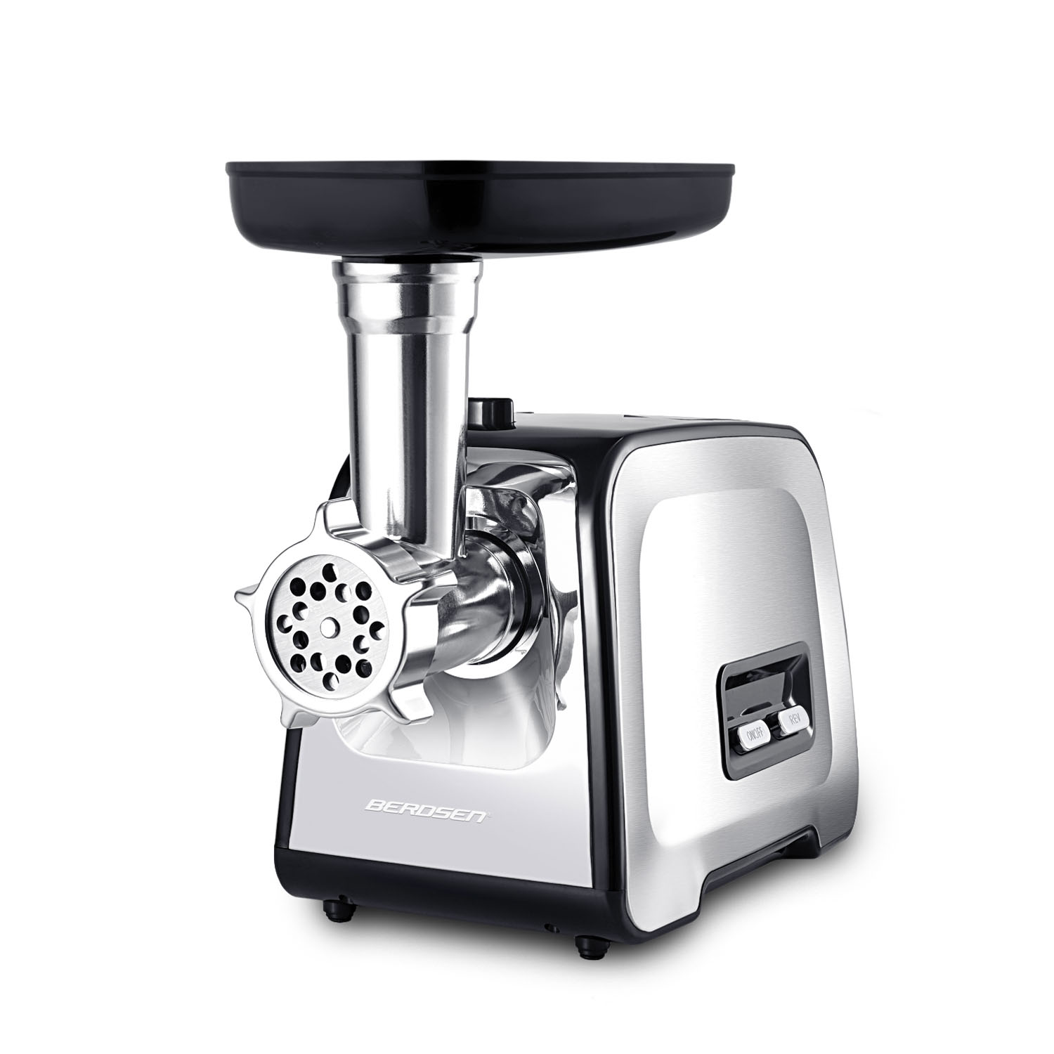 Srebrno-czarna maszynka do mięsa z czarną tacą na górze i głowicą mielącą. Posiada przycisk włączania/wyłączania.