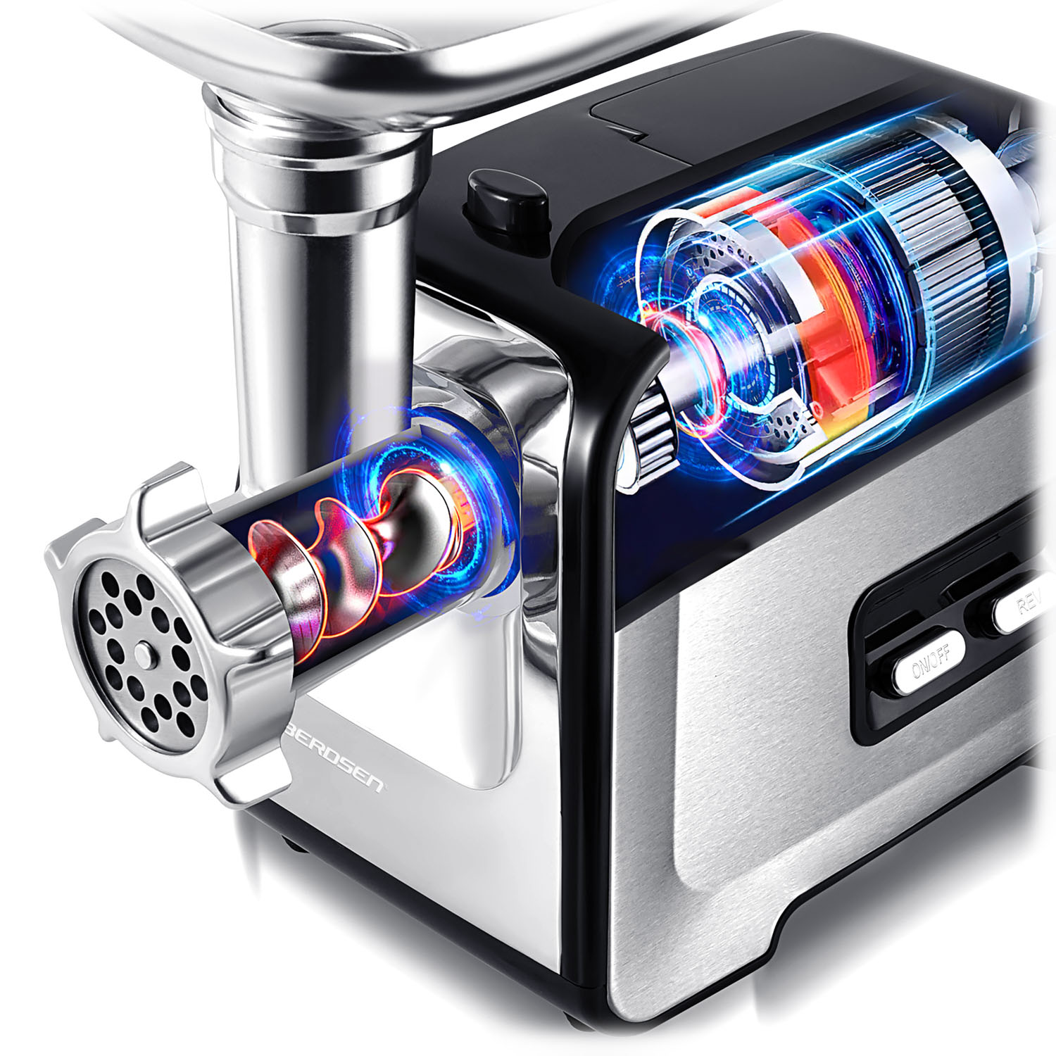 Zbliżenie maszynki do mięsa z przekrojem jej wewnętrznego mechanizmu, pokazującym silnik i proces mielenia.