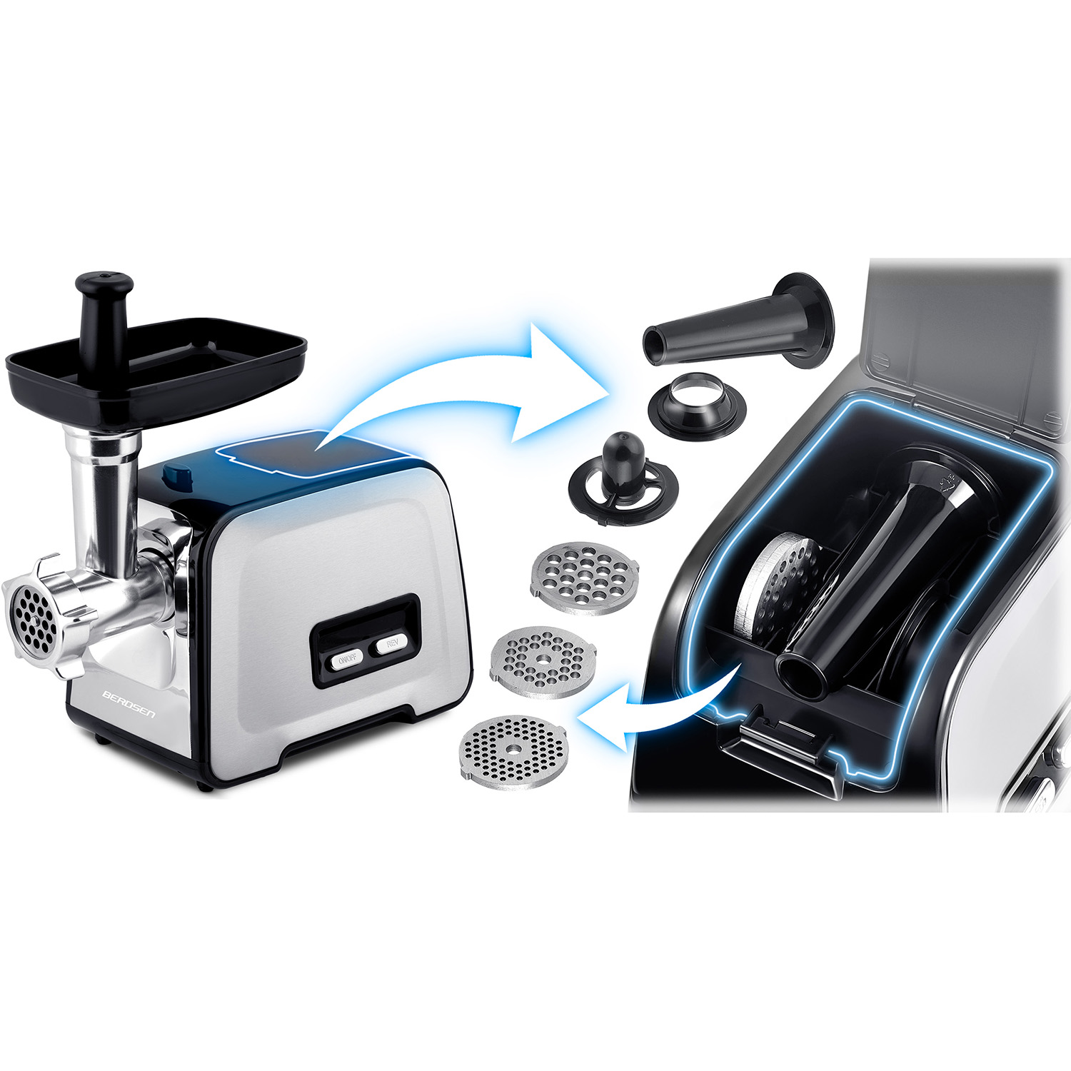 Maszynka do mięsa z akcesoriami. Maszynka jest srebrna i czarna. Akcesoria obejmują płyty mielące, dysze i schowek.