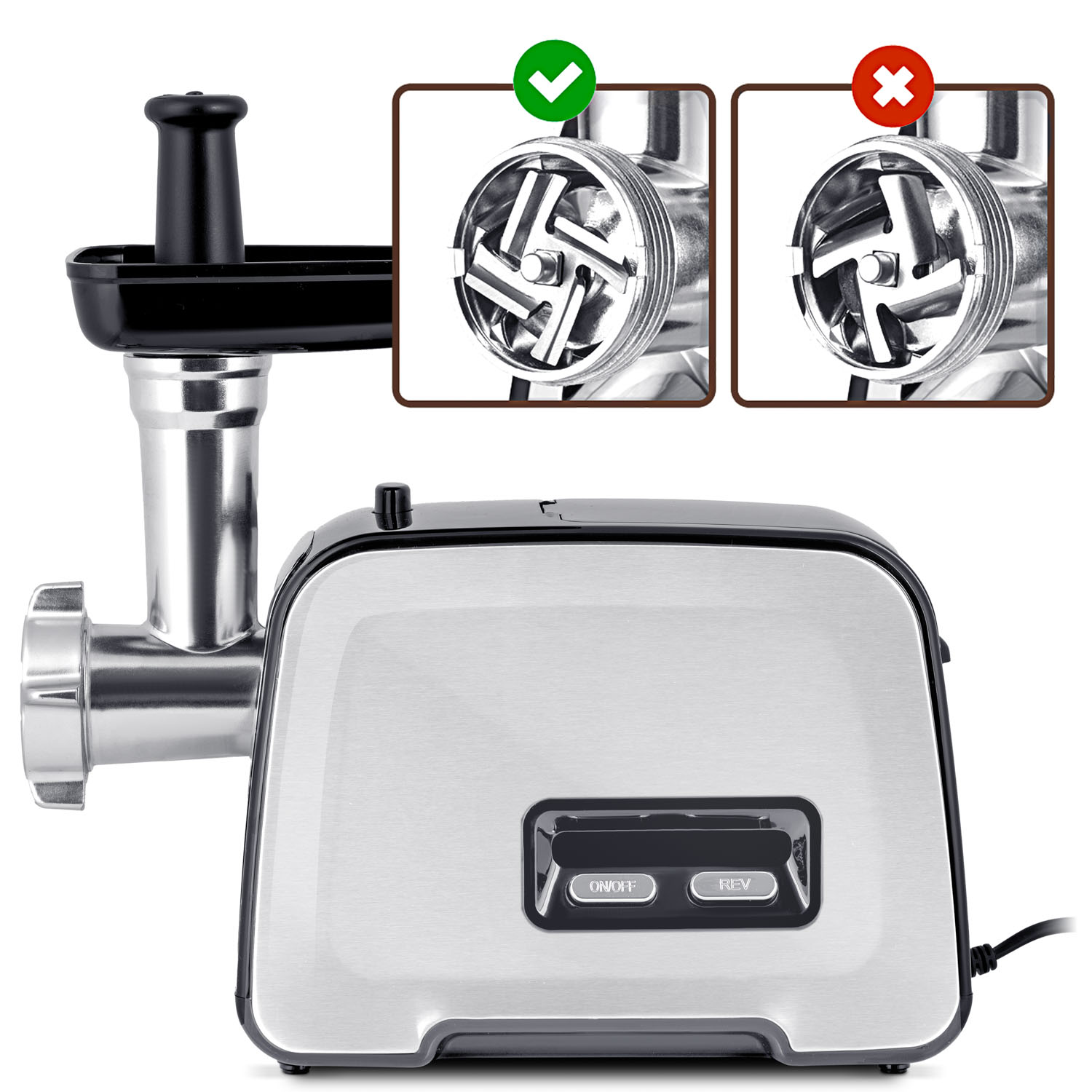 Srebrna i czarna maszynka do mięsa. Dwa wstawione obrazy pokazują prawidłowe i nieprawidłowe umieszczenie ostrza. Widoczne są przyciski Wł./Wył. i Rew.