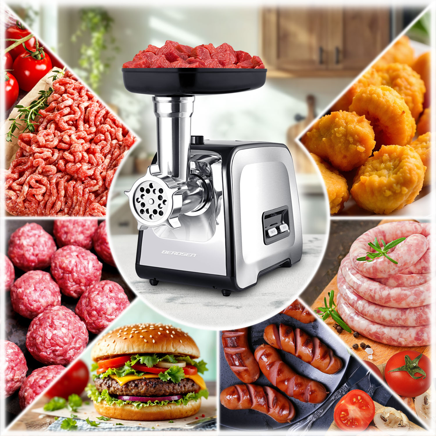 Maszynka do mięsa z różnymi produktami mięsnymi: mielone, klopsiki, burger, kiełbasy, nuggetsy i pomidory.