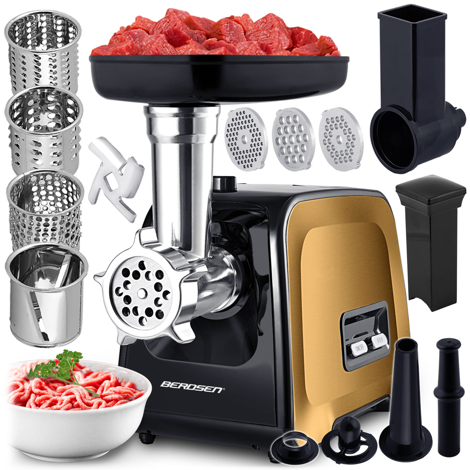 Maszynka do mięsa z różnymi akcesoriami, w tym płytami tnącymi, lejki i miską mielonego mięsa. Maszynka jest czarna i złota.