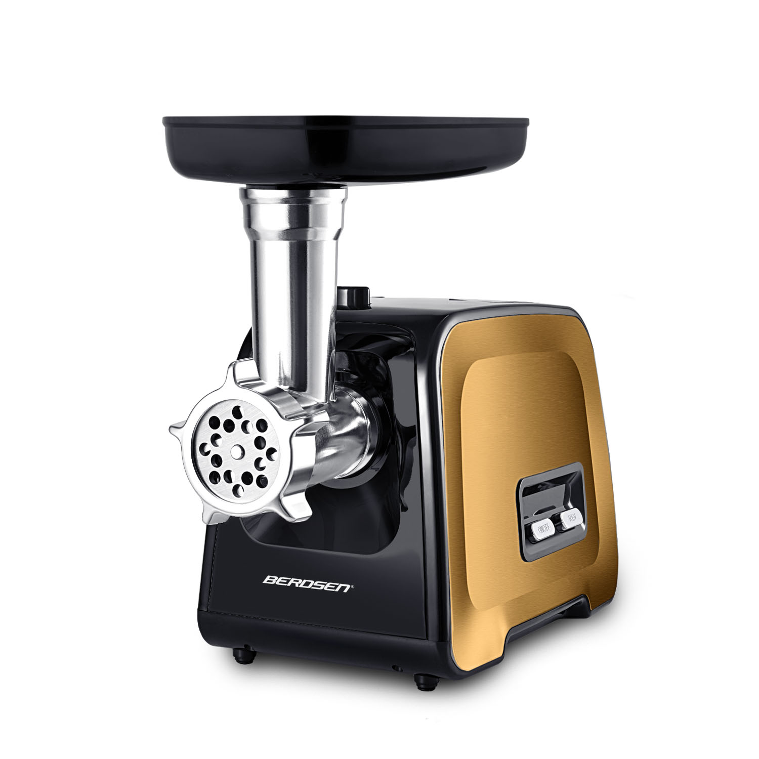 Urządzenie kuchenne, maszynka do mięsa, jest czarne i złote. Ma tackę, głowicę mielącą i podstawę z przyciskami.