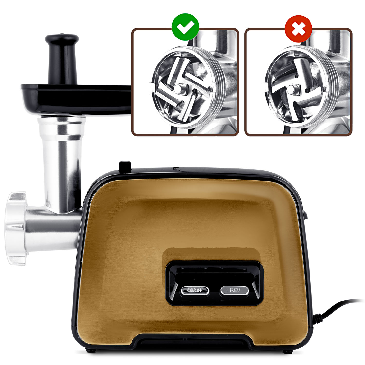 Maszynka do mięsa z brązową obudową, czarnym wierzchem i srebrnymi elementami mielącymi. Zawiera dwa widoki szczegółowe, jeden poprawny i jeden niepoprawny.