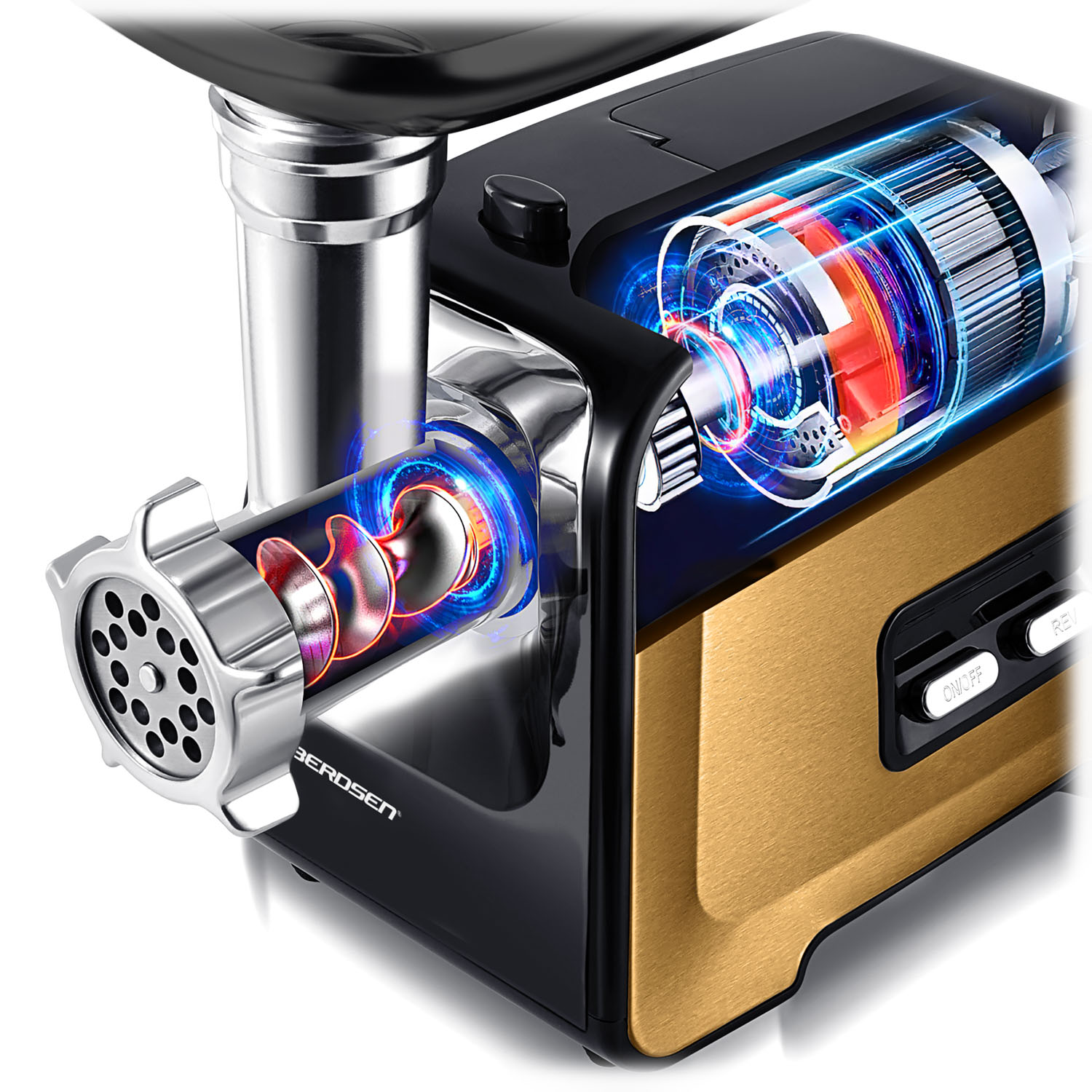 Elektryczna maszynka do mięsa z widokiem wewnętrznym. Srebrne i czarne części, złoty panel oraz świecące niebieskie i czerwone elementy wewnętrzne.