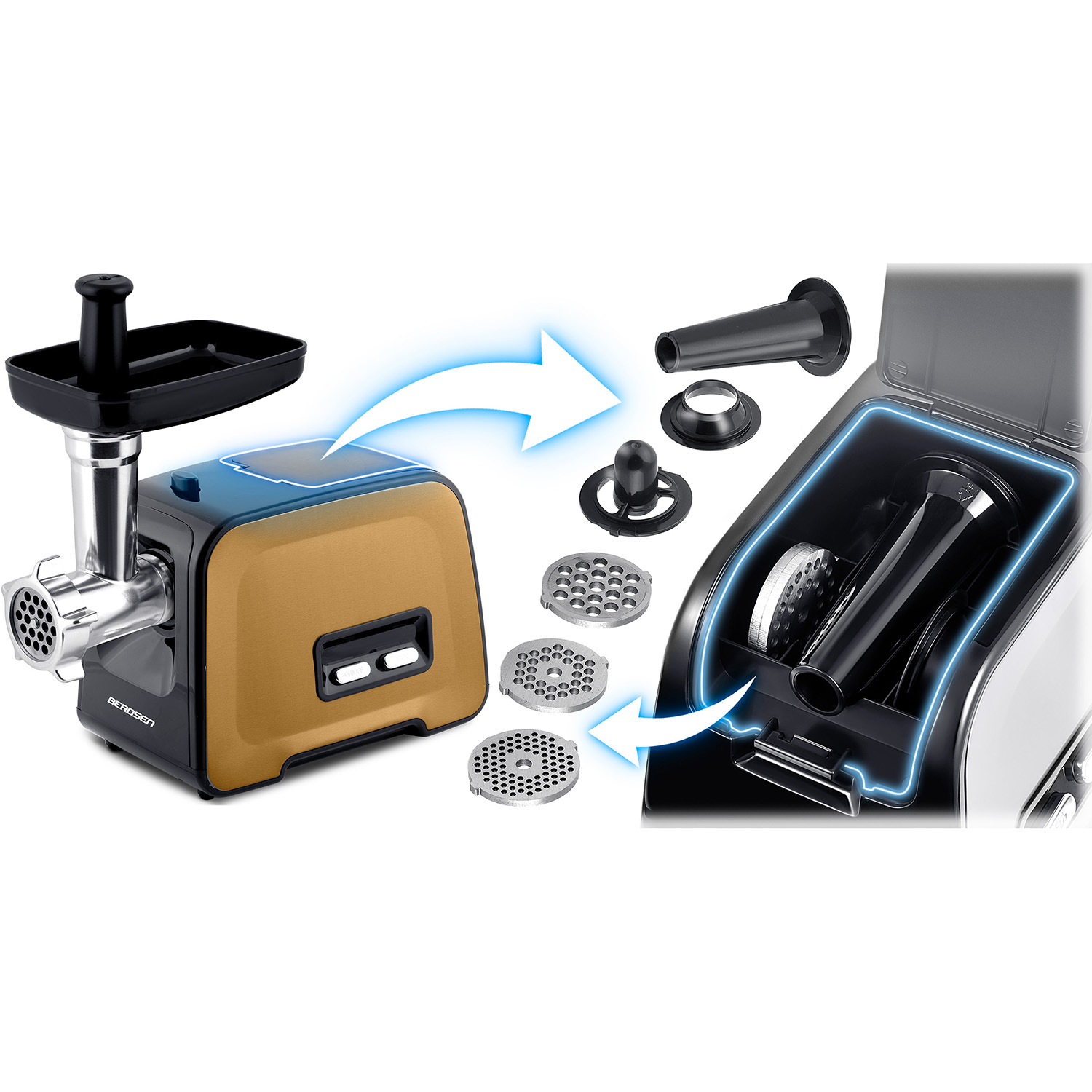 Elektryczna maszynka do mięsa z odłączanymi częściami. Zawiera różne tarcze mielące, nadziewarkę do kiełbas i schowek.