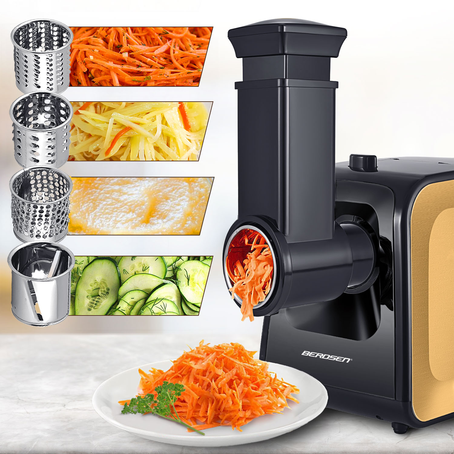 Czarny i złoty robot kuchenny Berosen z startą marchewką na talerzu. Pokazano różne ostrza i starte warzywa.