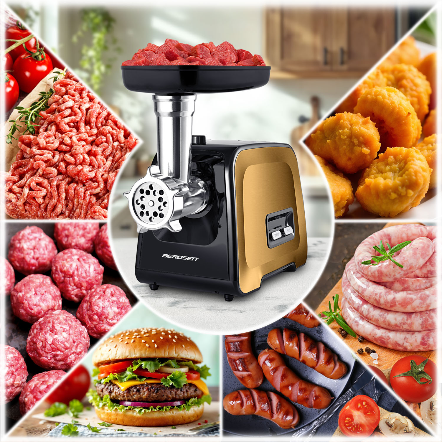 Maszynka do mięsa z różnymi produktami mięsnymi: mieloną wołowiną, klopsikami, kiełbasą, burgerem, nuggetami i surowymi kawałkami mięsa.