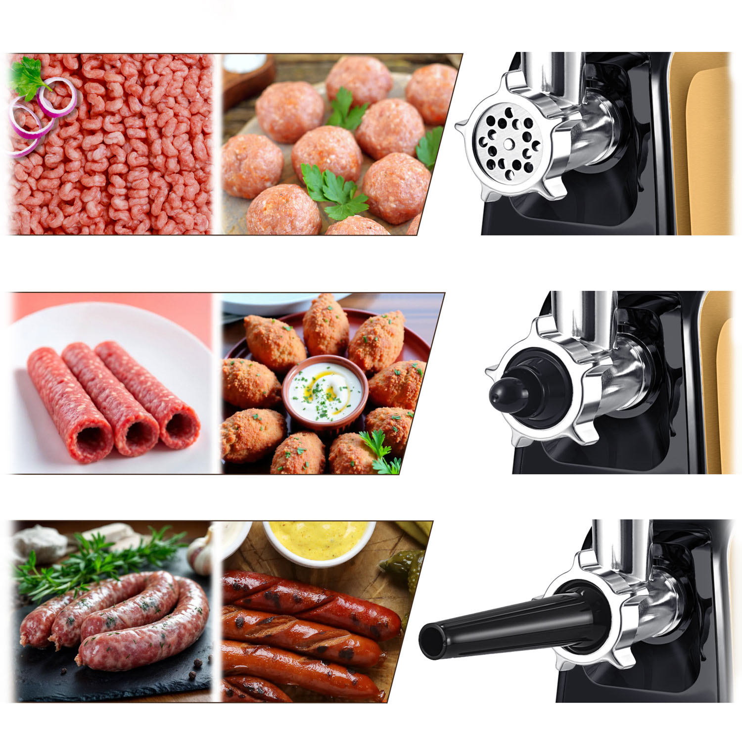 Obraz przedstawia surowe mięso, klopsiki, kiełbasy i maszynkę do mięsa. Różne produkty spożywcze są wyświetlane z maszynką do mięsa.